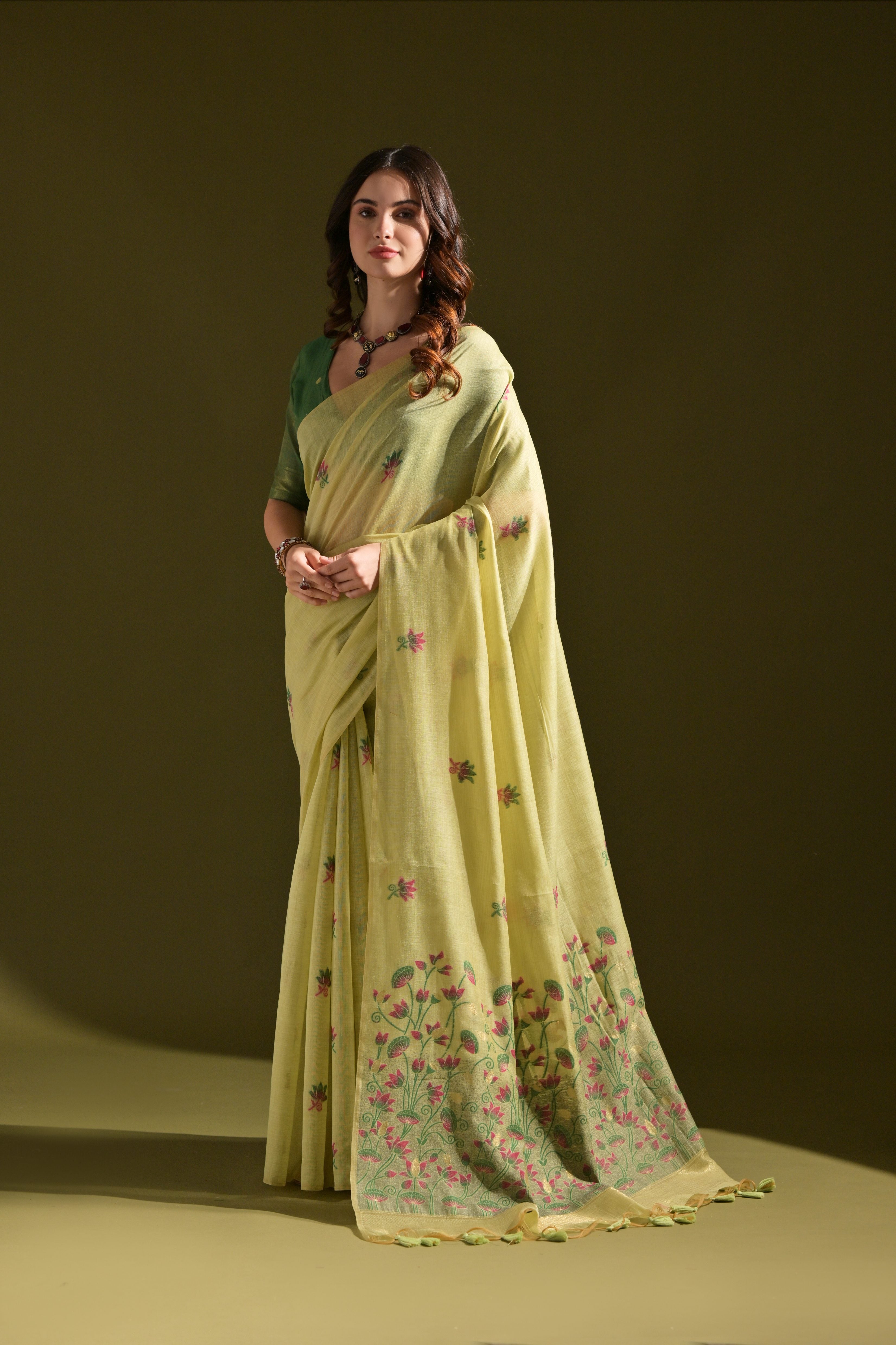 Pista Muga Cotton Saree with Lotus Thread Design