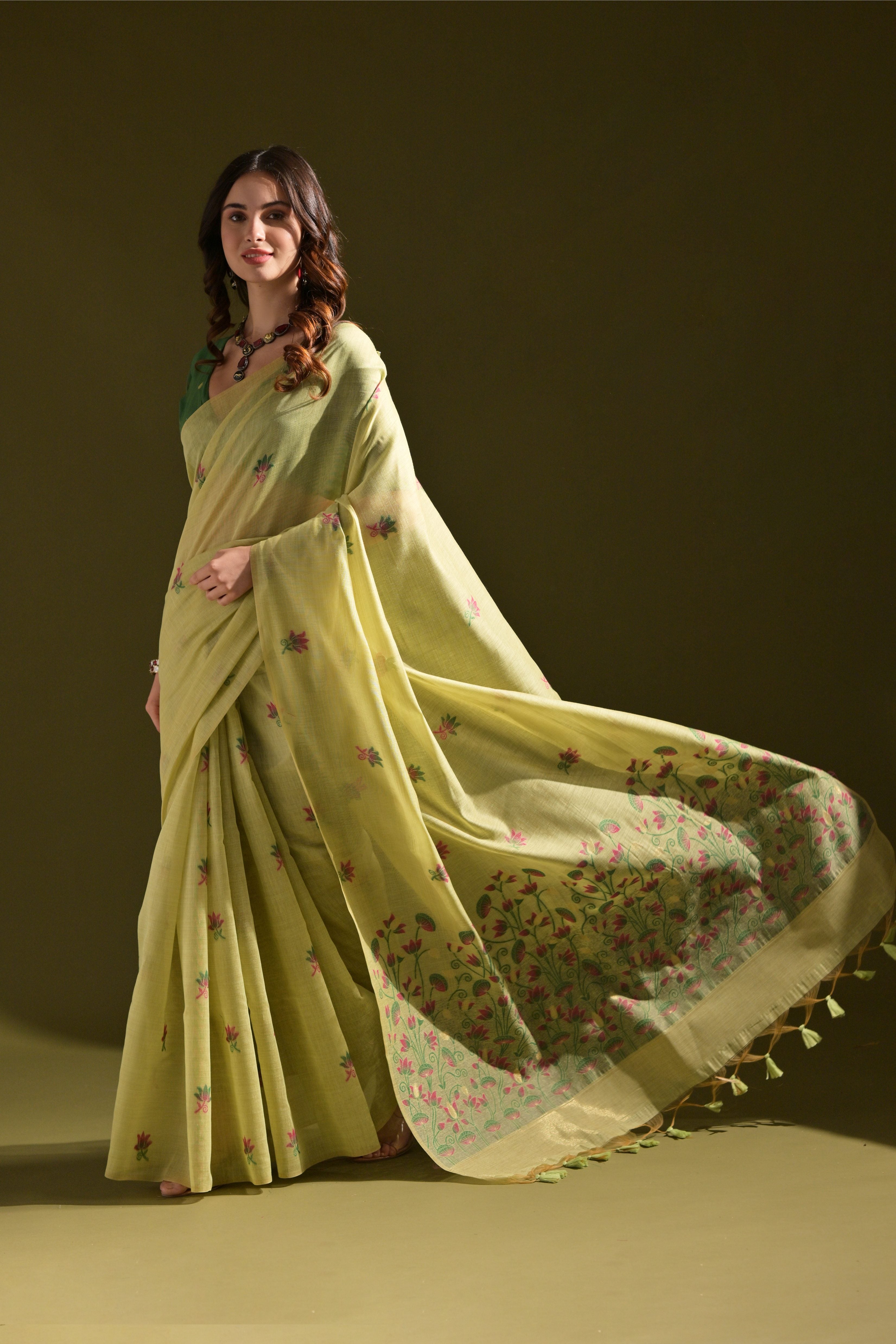 Pista Muga Cotton Saree with Lotus Thread Design