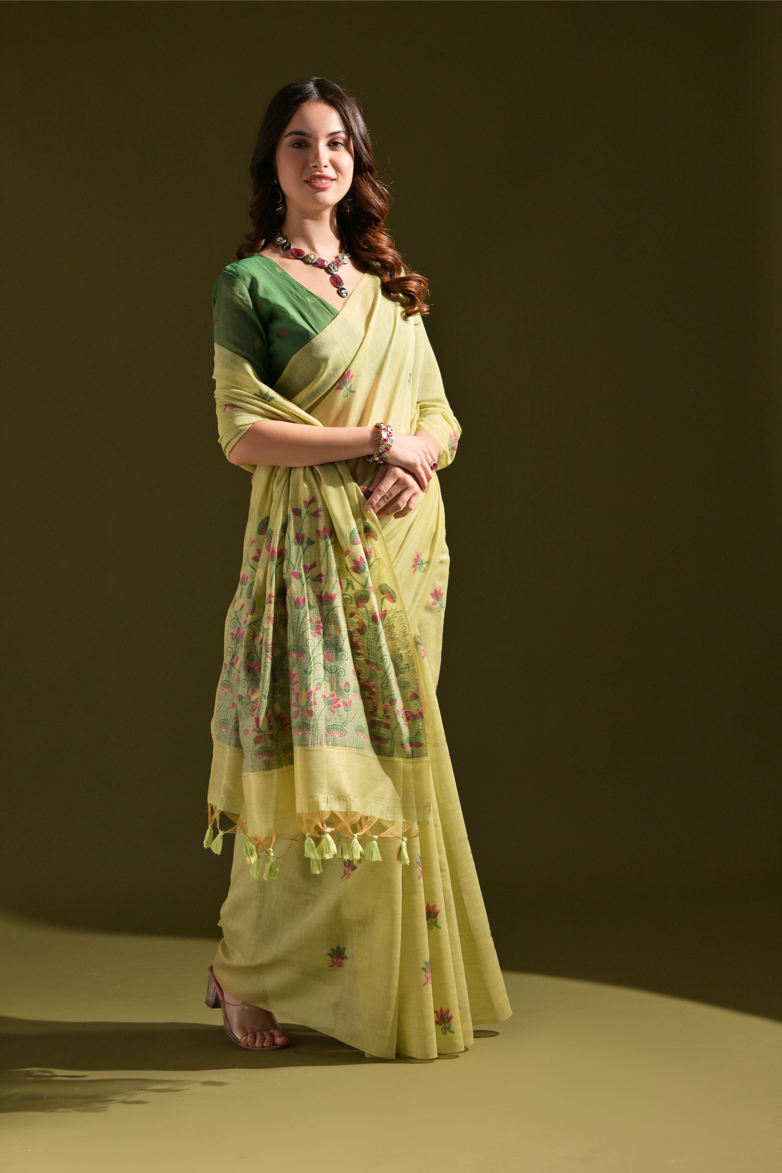 Pista Muga Cotton Saree with Lotus Thread Design