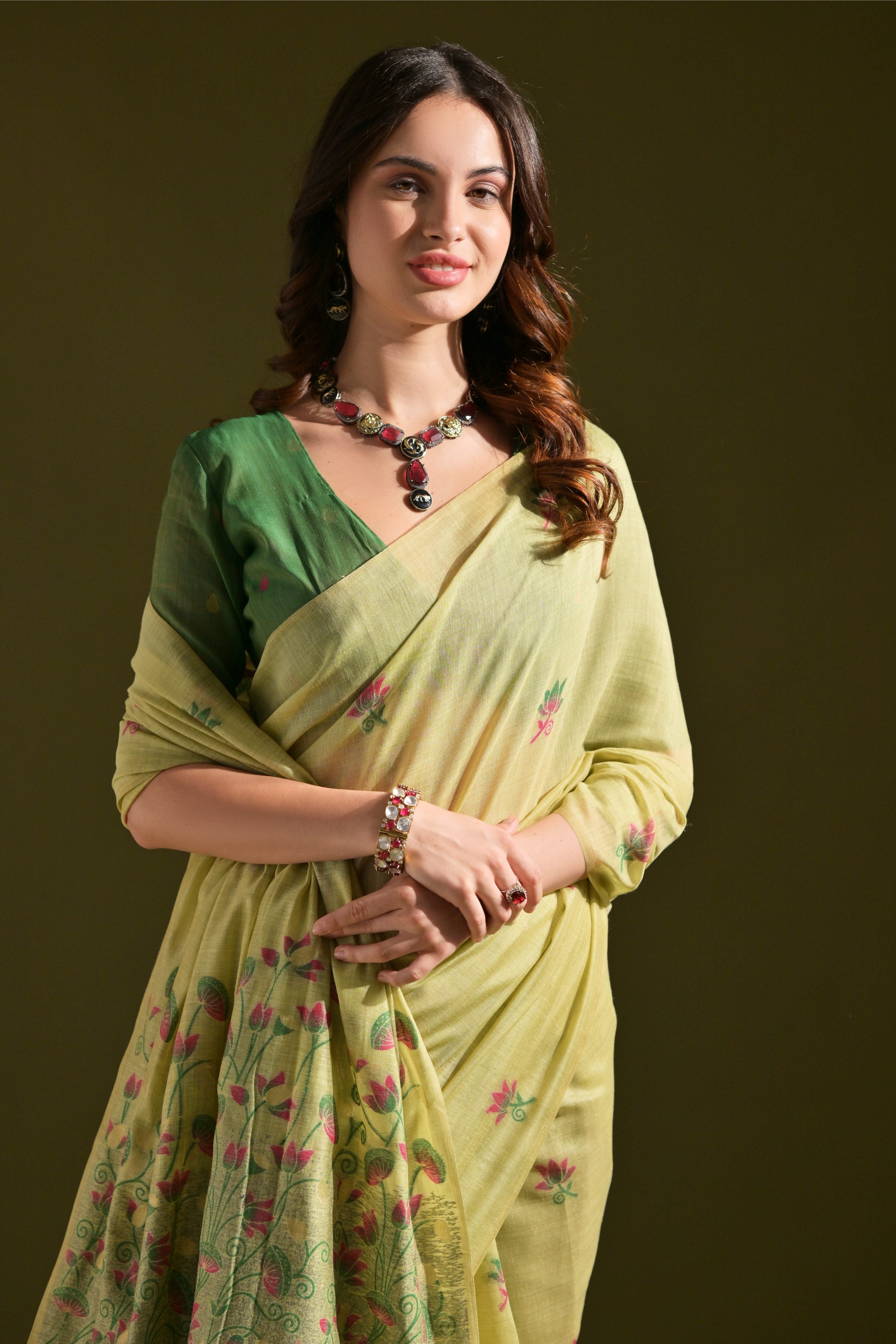Pista Muga Cotton Saree with Lotus Thread Design