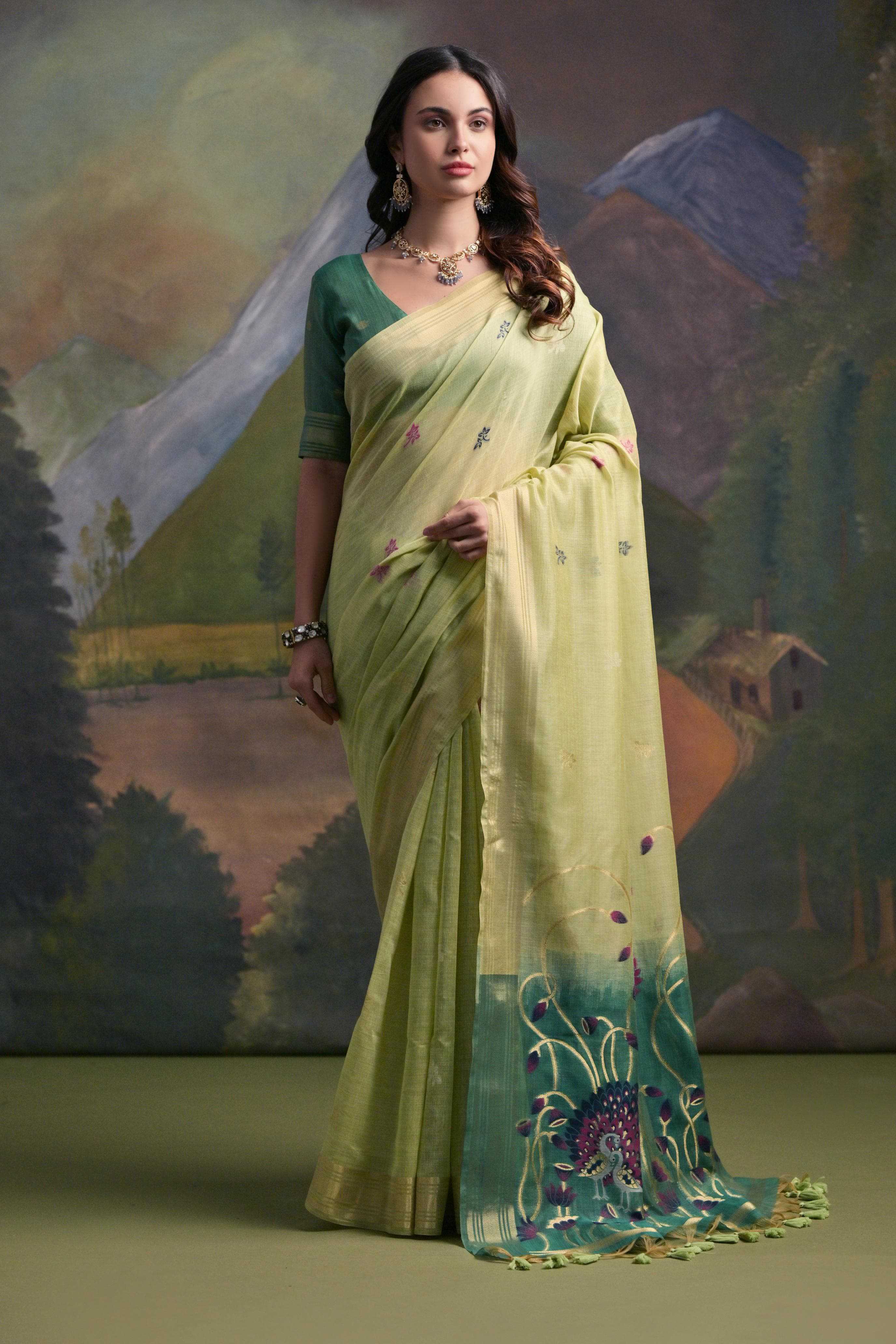 Pista Muga Cotton Saree with Peacock Pallu and Butti Weaves