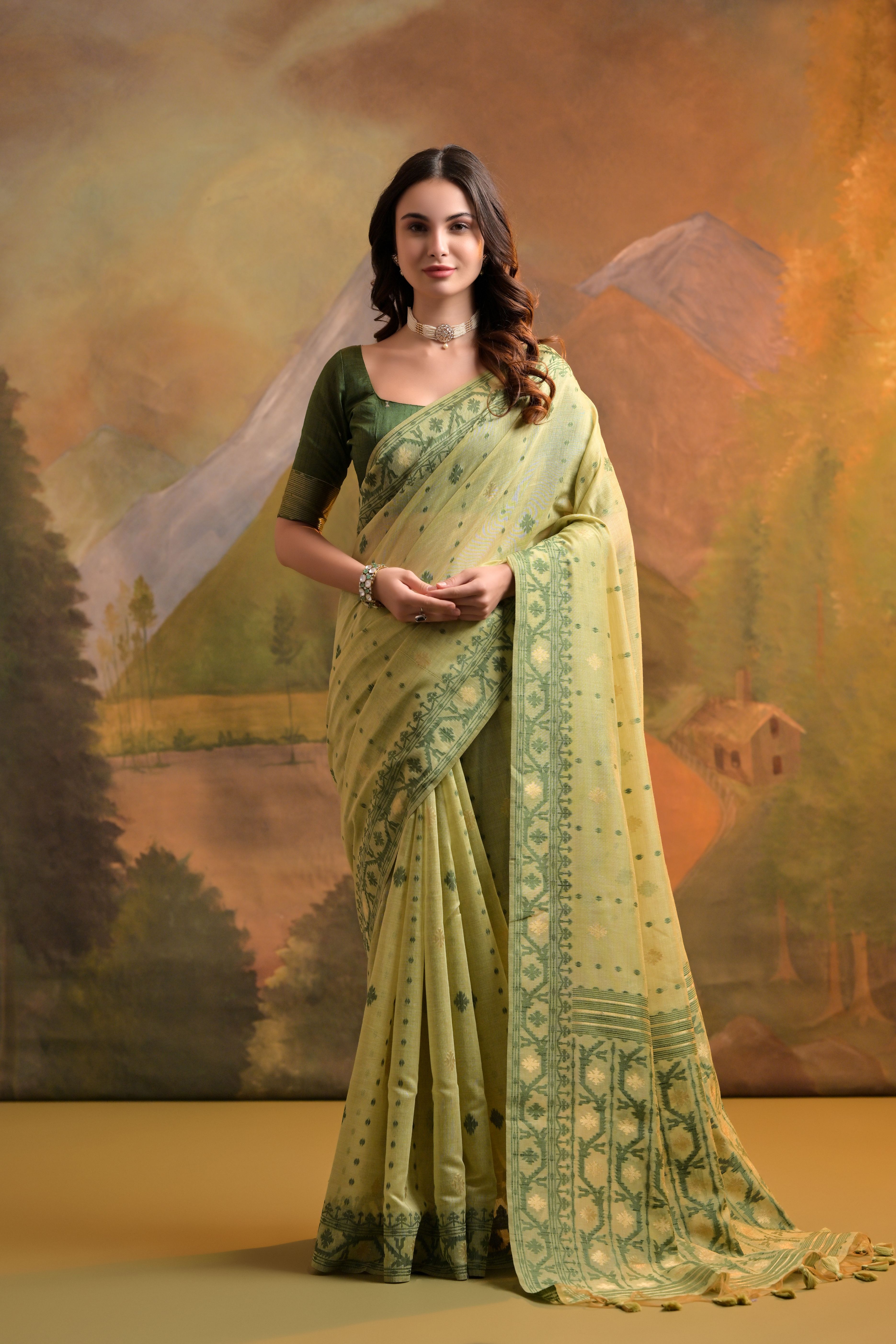 Pista Muga Cotton Saree with Thread Butti Weaves