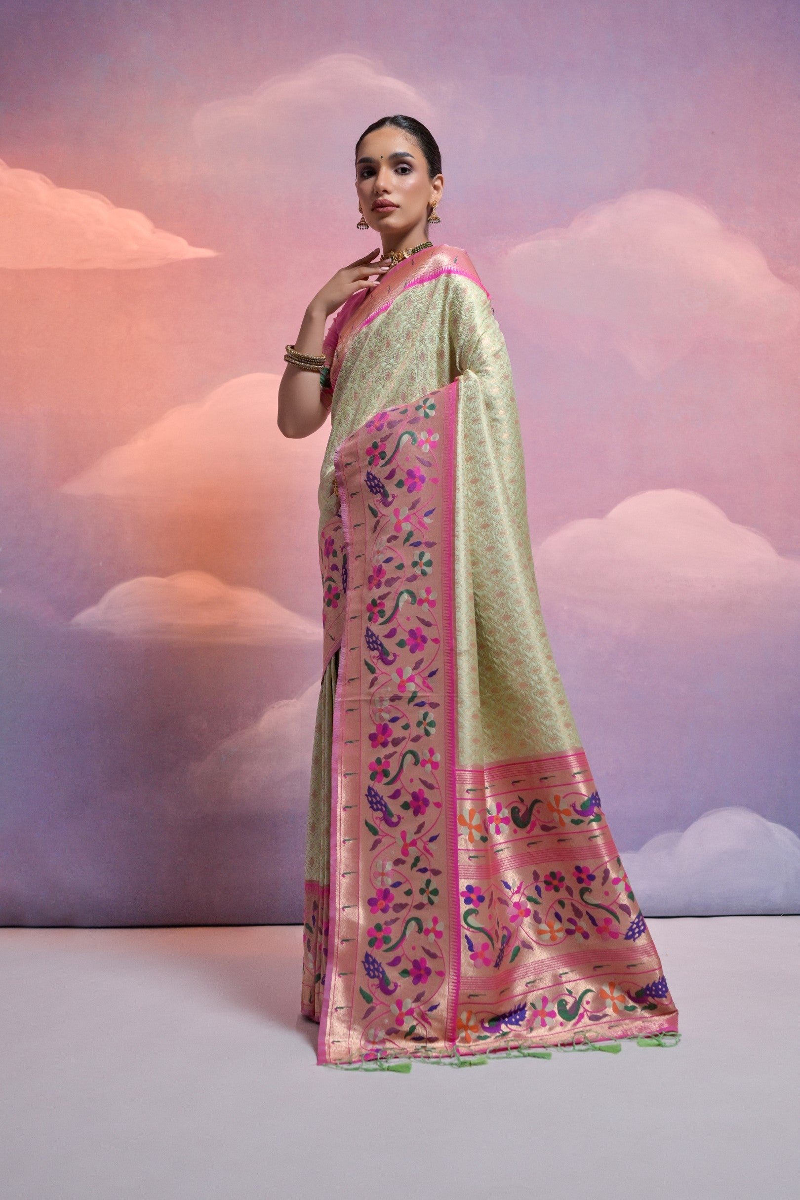 Pista Paithani Silk Saree with Meenakari Border and Zari Weaves