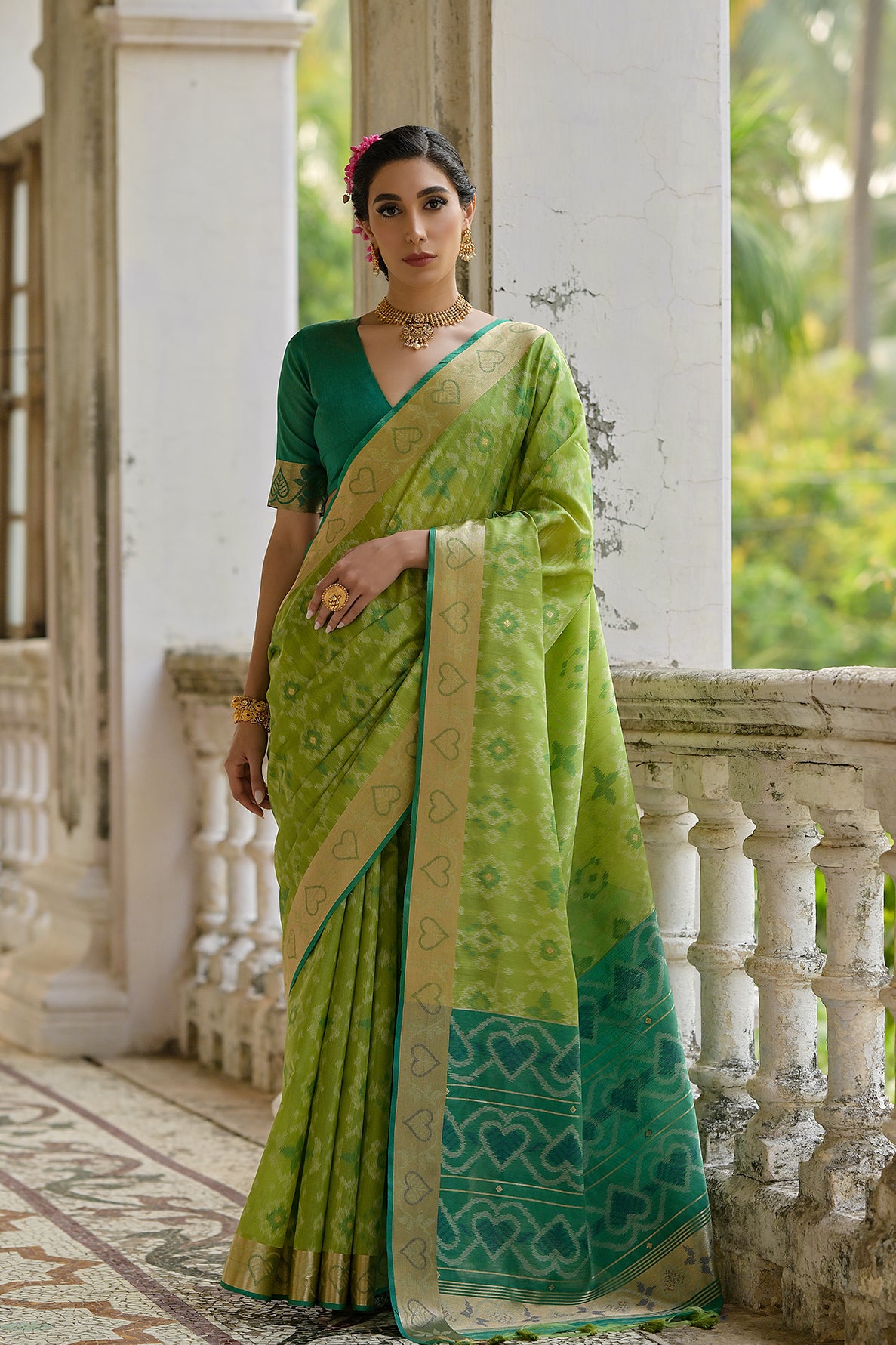 Pista Raw Silk Saree with Ikkat Design and Contrast Pallu