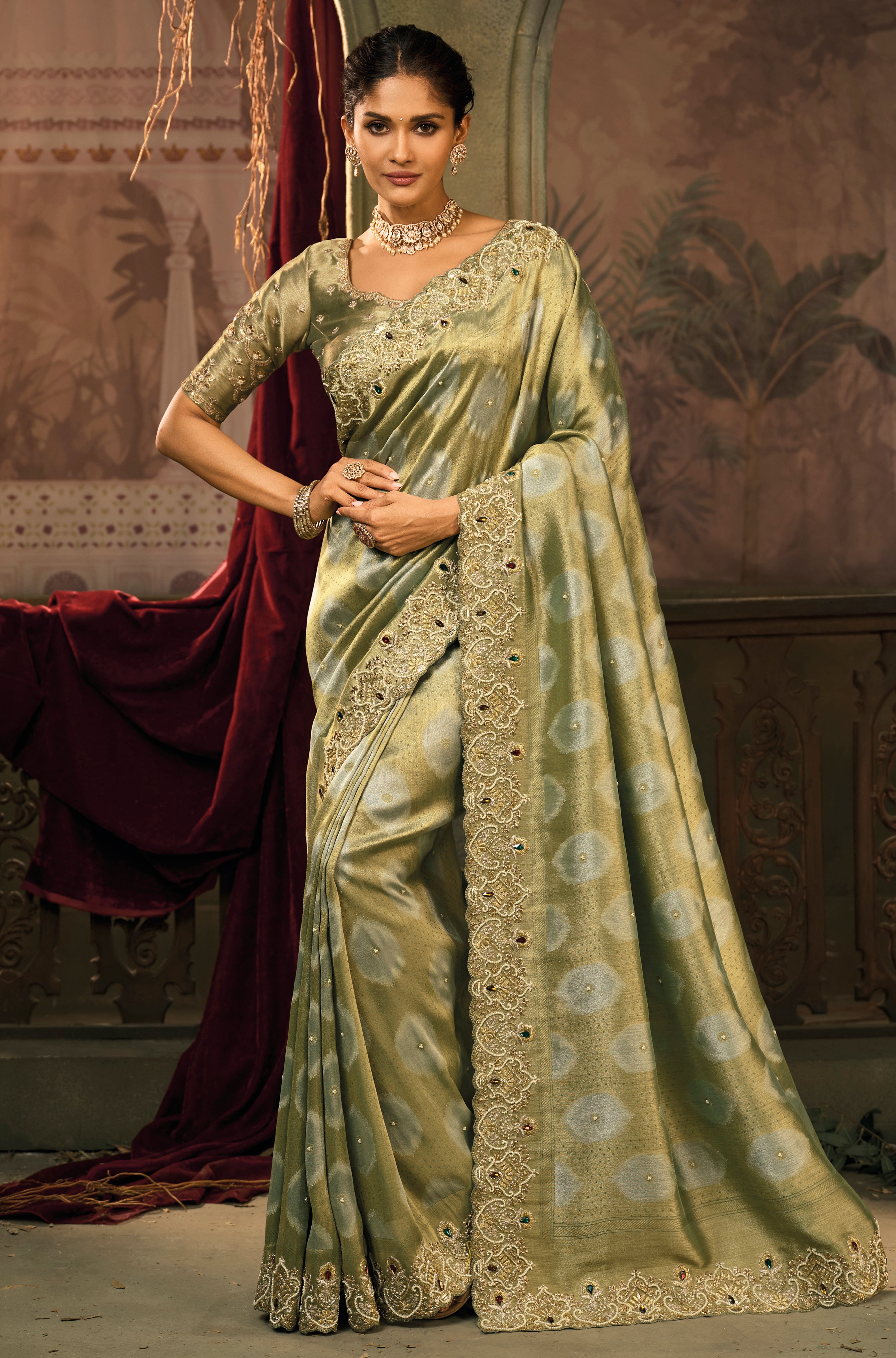 Pista Saree With  Jari, Moti, Cut-Dana With Emerald Heavy Work