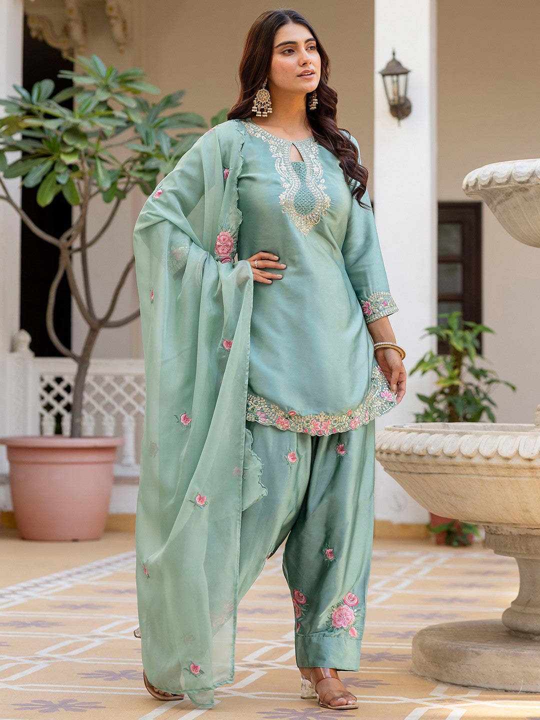 Pista Satin Kurta Patiala Pant Set With Heavy Thread Embroidery Sequins Work
