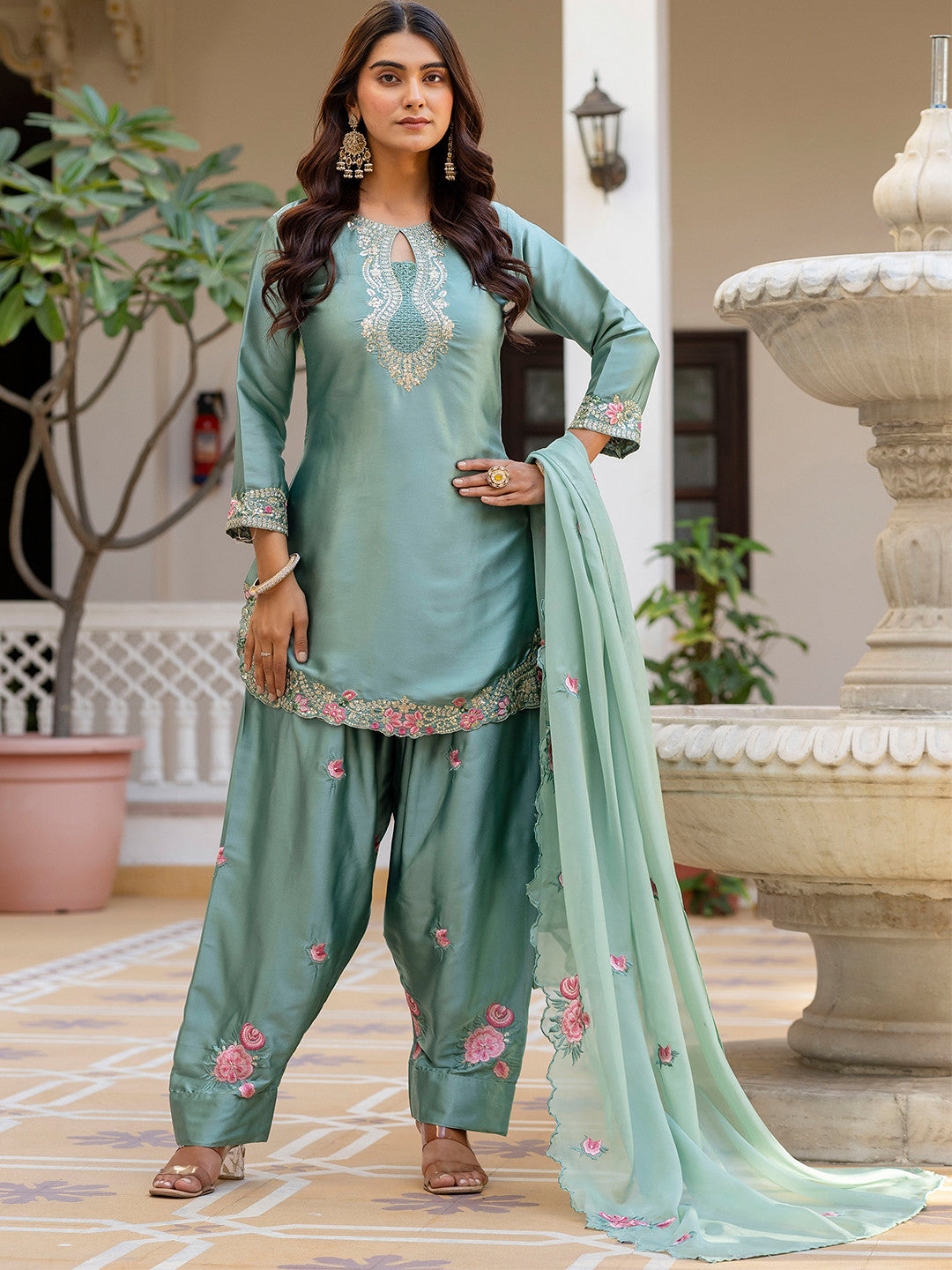 Pista Satin Kurta Patiala Pant Set With Heavy Thread Embroidery Sequins Work