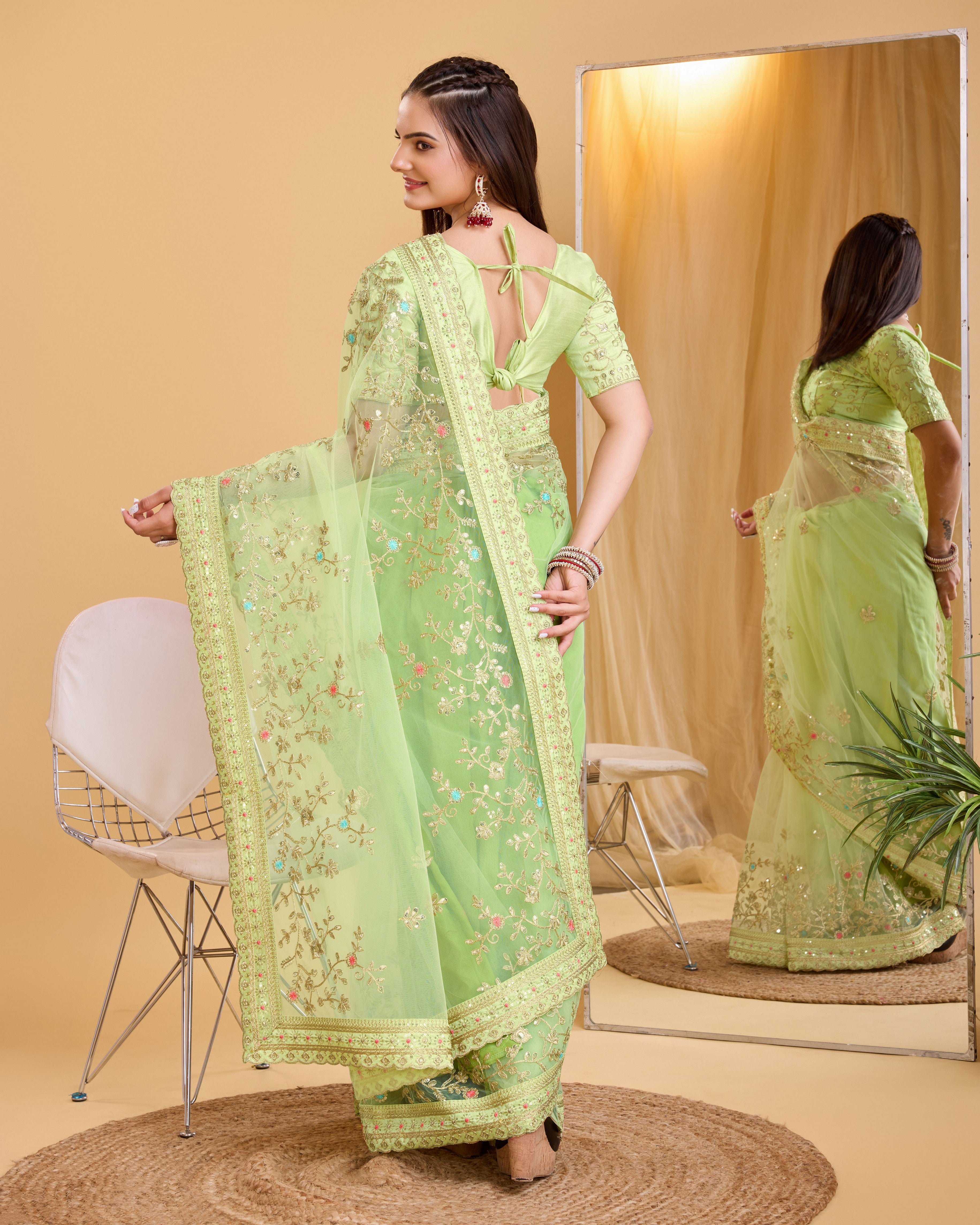 Pista Soft Net Designer Embroidery Work Bollywood Style Saree