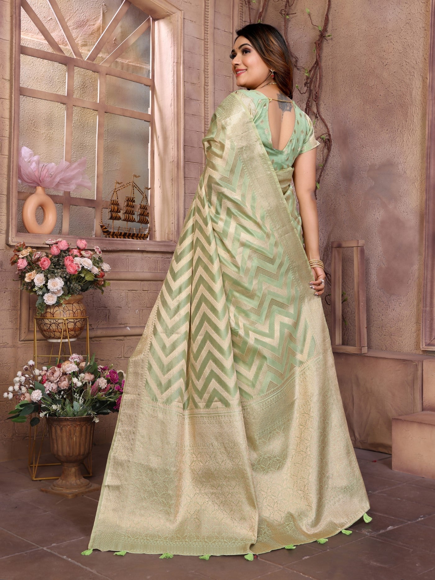 Pista Soft Organza Silk Saree With Elegant Weaving