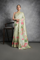 Pista Soft Tussar Silk Saree with Print and Small Zari Border