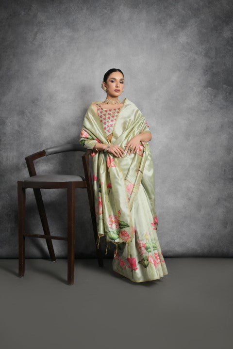 Pista Soft Tussar Silk Saree with Print and Small Zari Border
