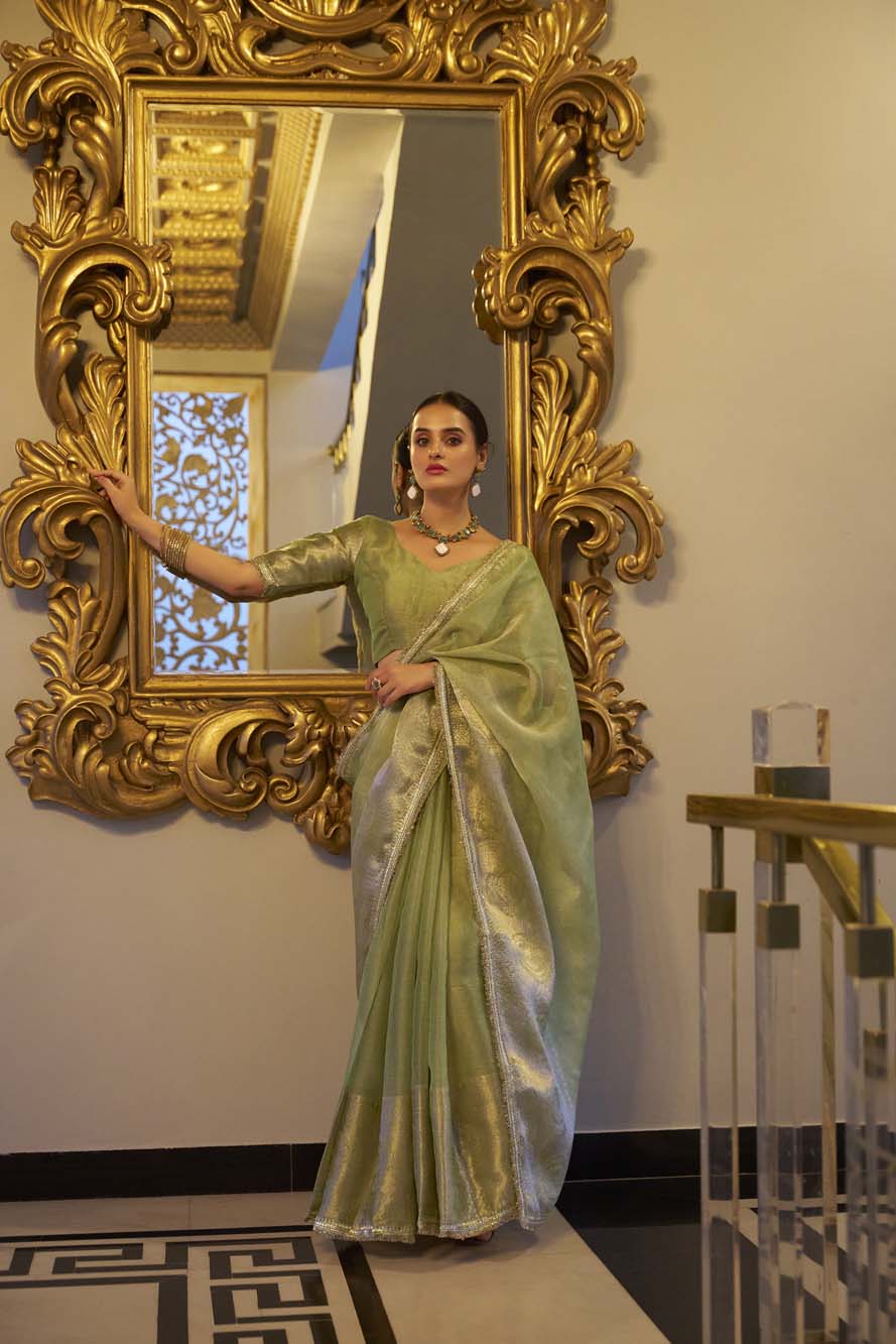 Pista Tissue Shimmer Saree with Zari Weaving & Sequins Lace