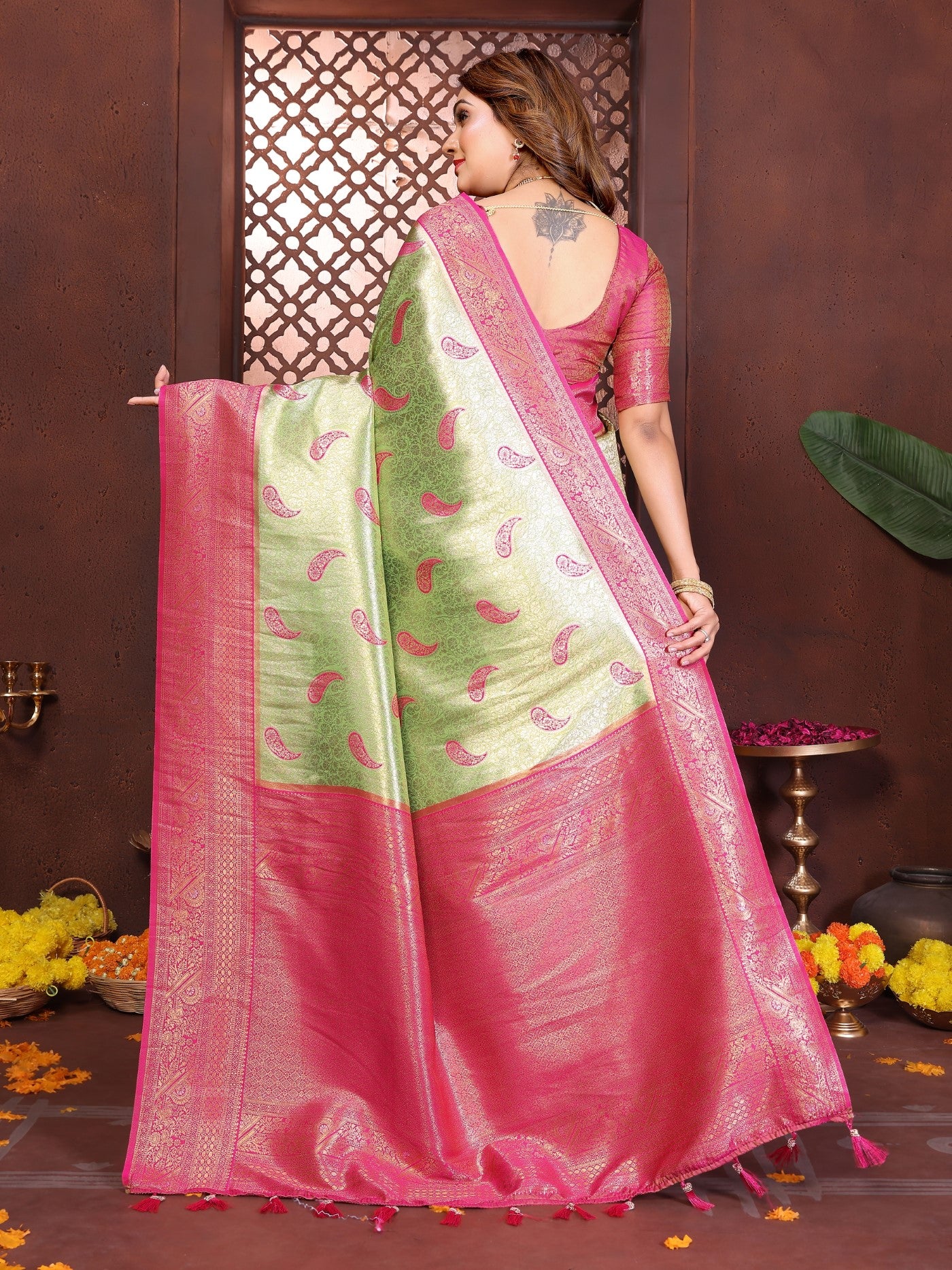 Pista Tissue Silk Saree With Traditional Weaving