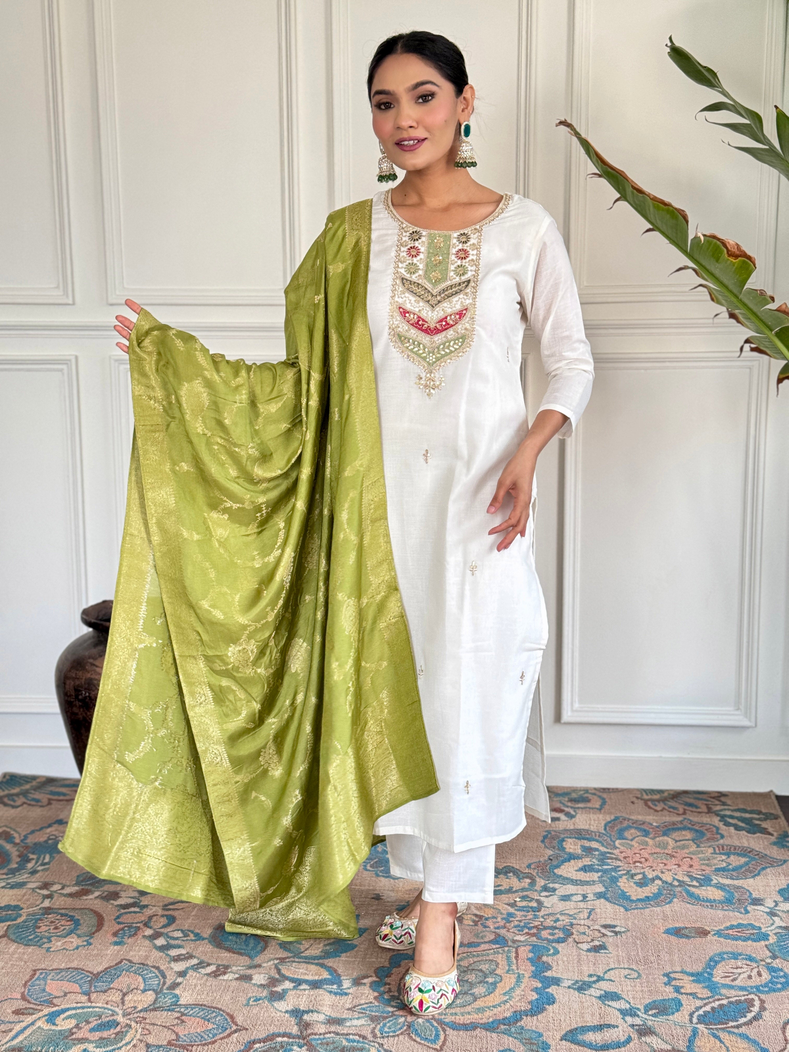 Pista Viscose Blend Elegant Kurta Pant Set With Embroidery Work