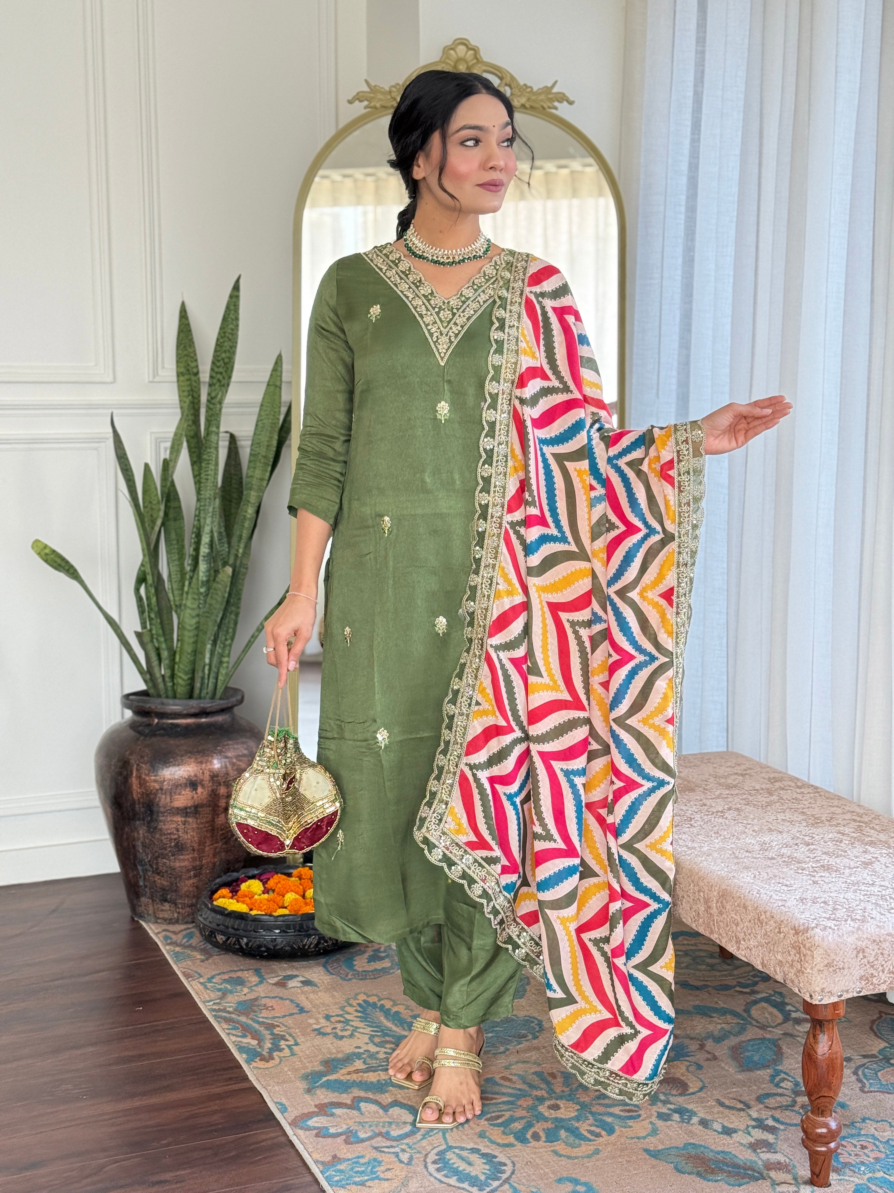 Pista Viscose Elegant Kurta Pant Set With Embroidery Work