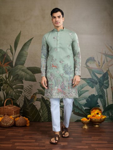 Pista Viscose Silk Sequins Embroidery Ethnic Partywear Kurta
