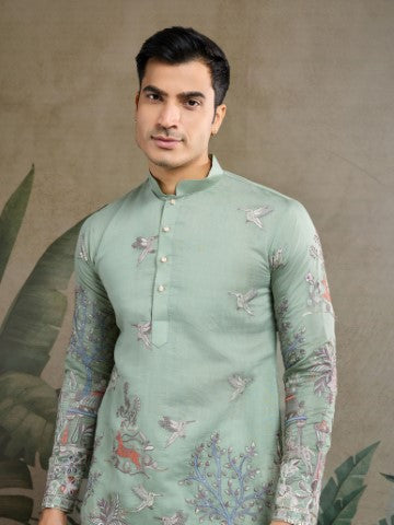 Pista Viscose Silk Sequins Embroidery Ethnic Partywear Kurta