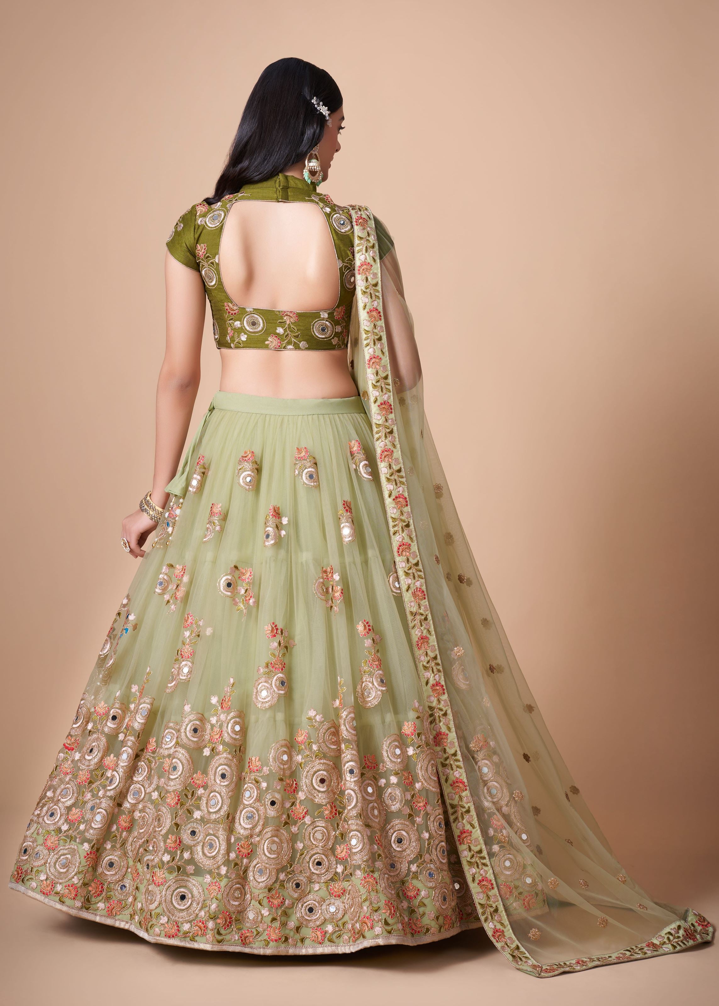 Pista green Lehenga Choli With   Thread, Zari, Dori And Sequins Embroidery With Mirror Work