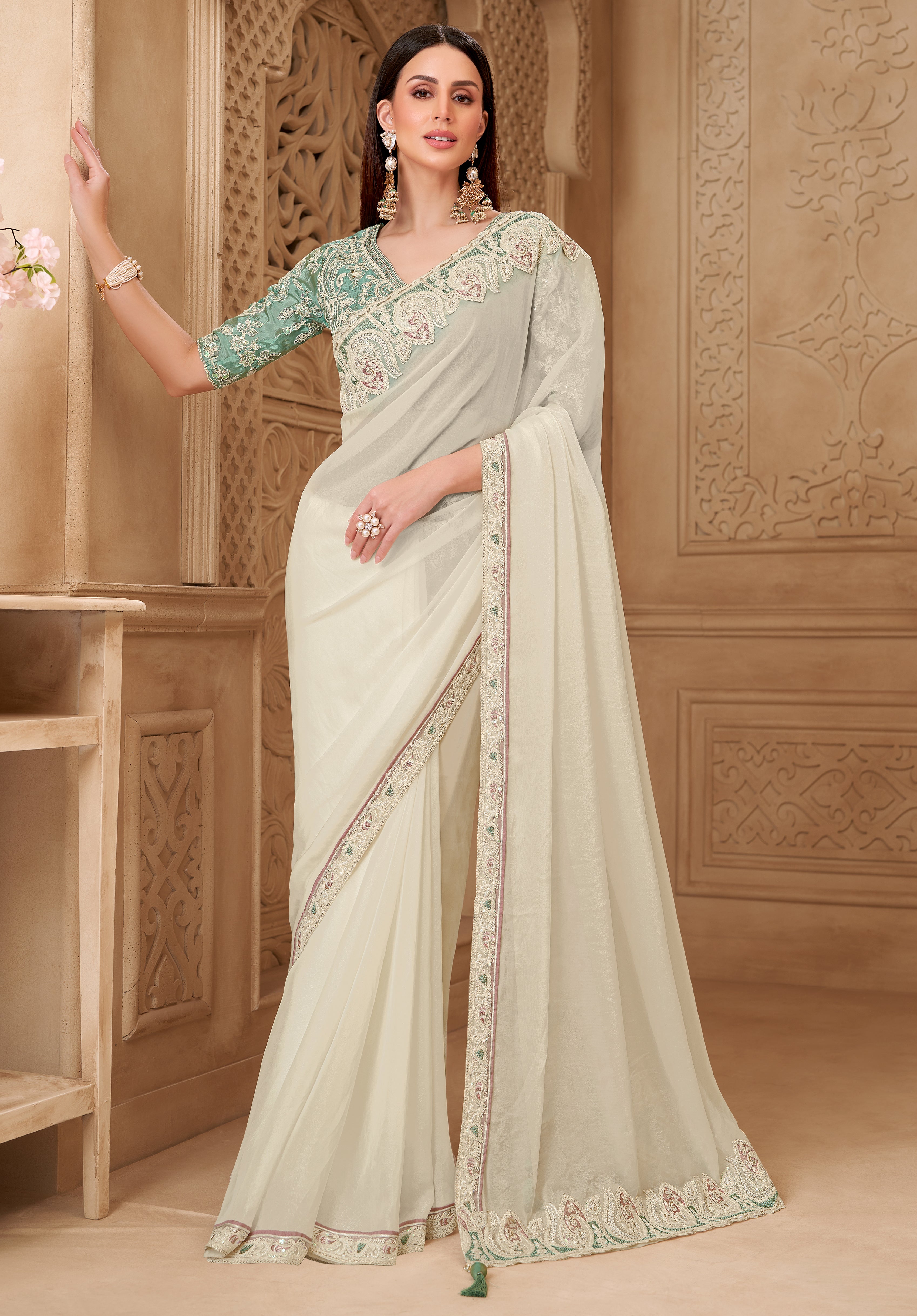 Powder White Saree With  Heavy Thread Embroidery Sequins Border Work With Embroidery Blouse