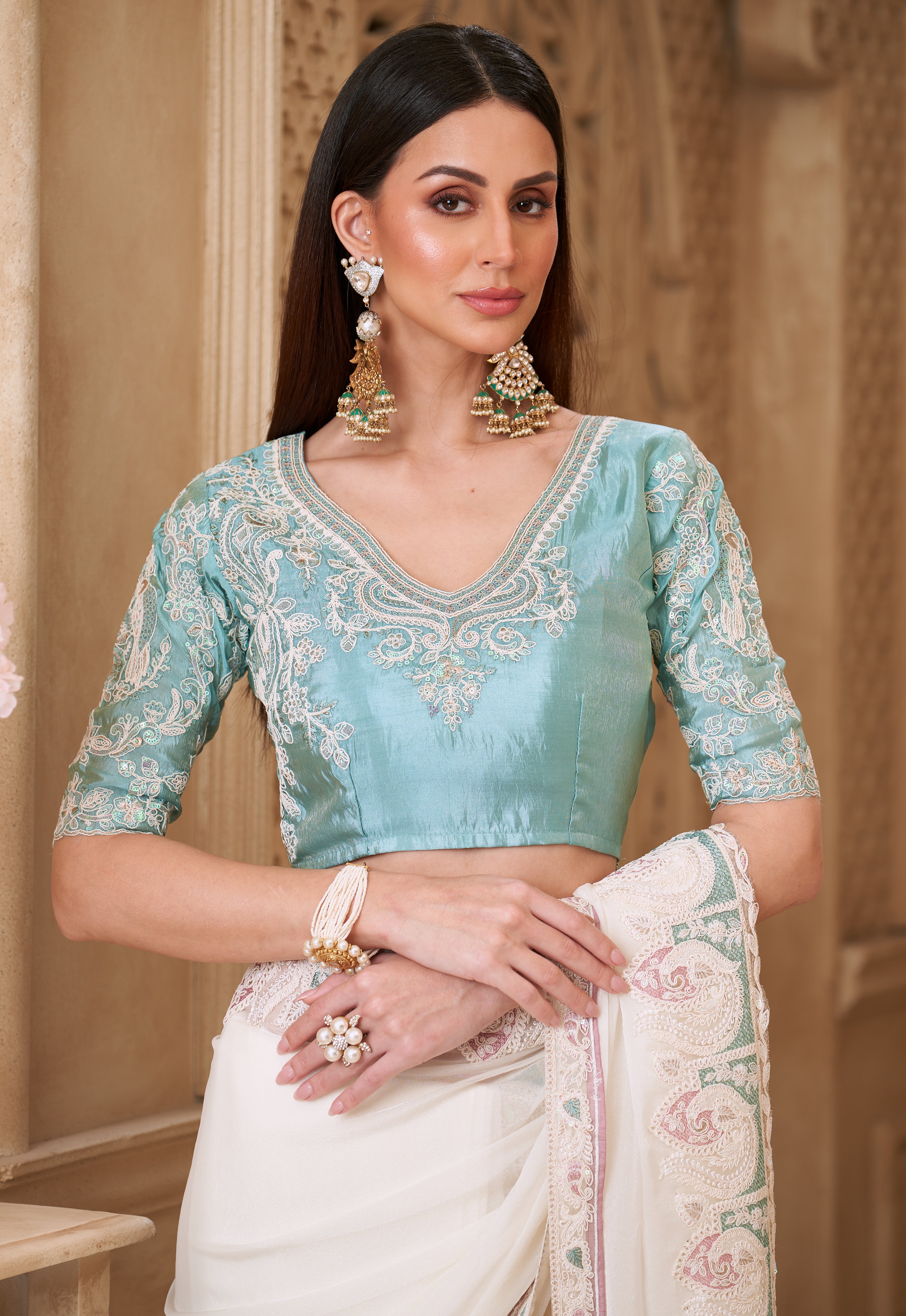 Powder White Saree With  Heavy Thread Embroidery Sequins Border Work With Embroidery Blouse