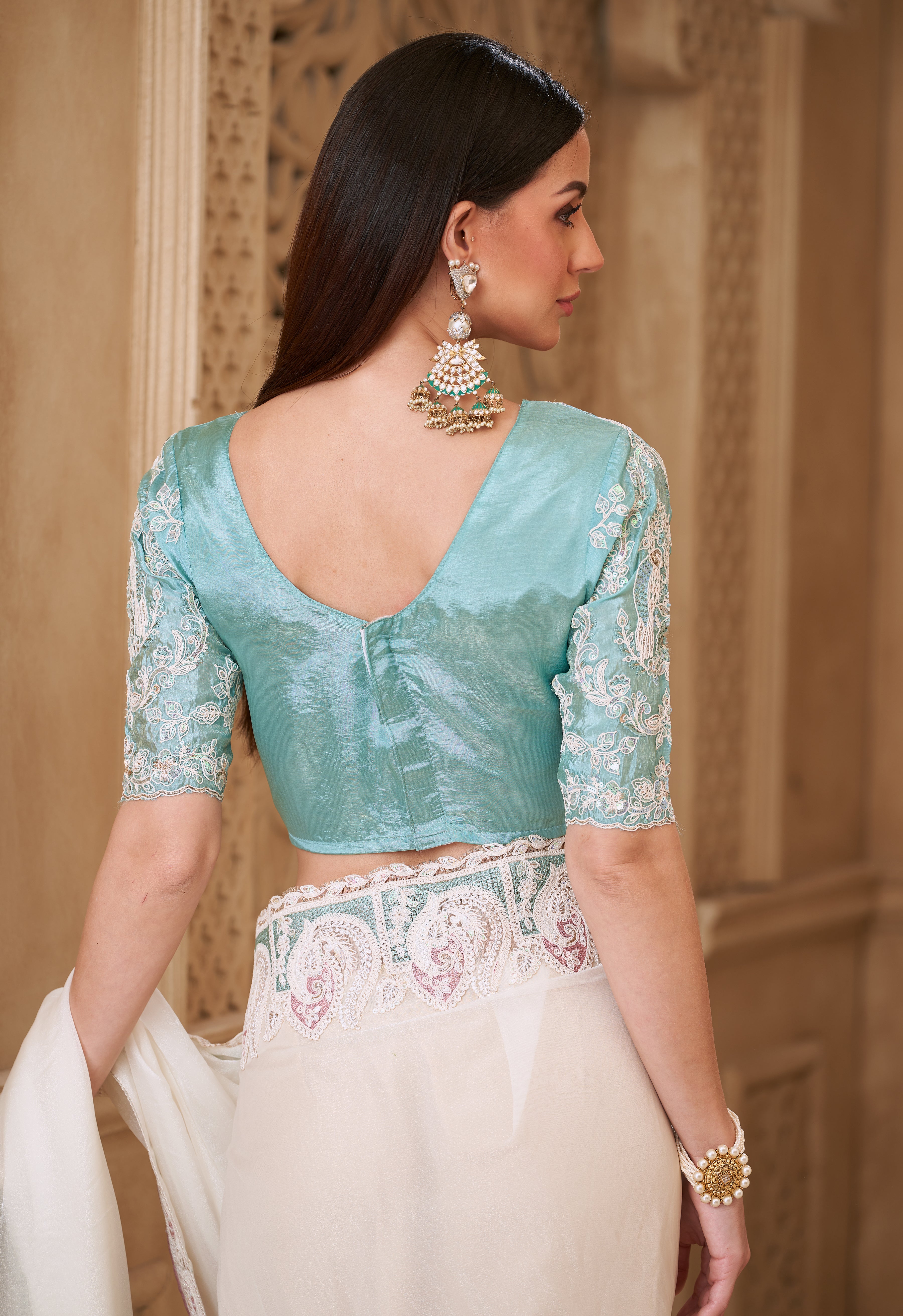 Powder White Saree With  Heavy Thread Embroidery Sequins Border Work With Embroidery Blouse