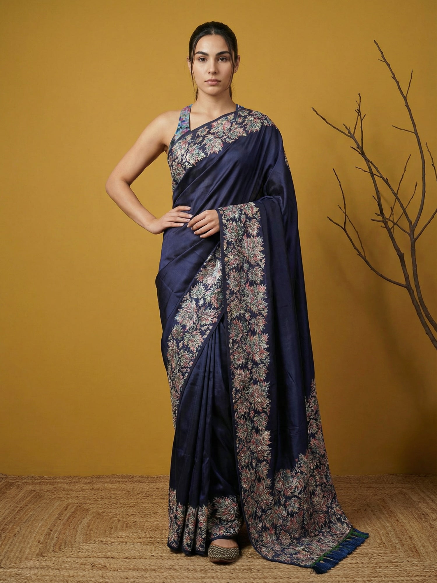 Premium Navy Blue Soft Silk Saree with Printed Woven Design