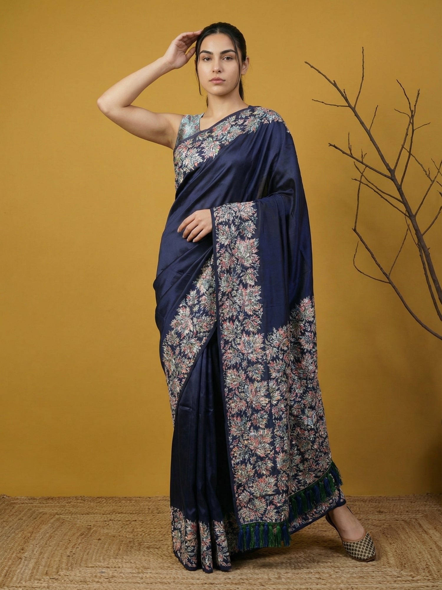 Premium Navy Blue Soft Silk Saree with Printed Woven Design