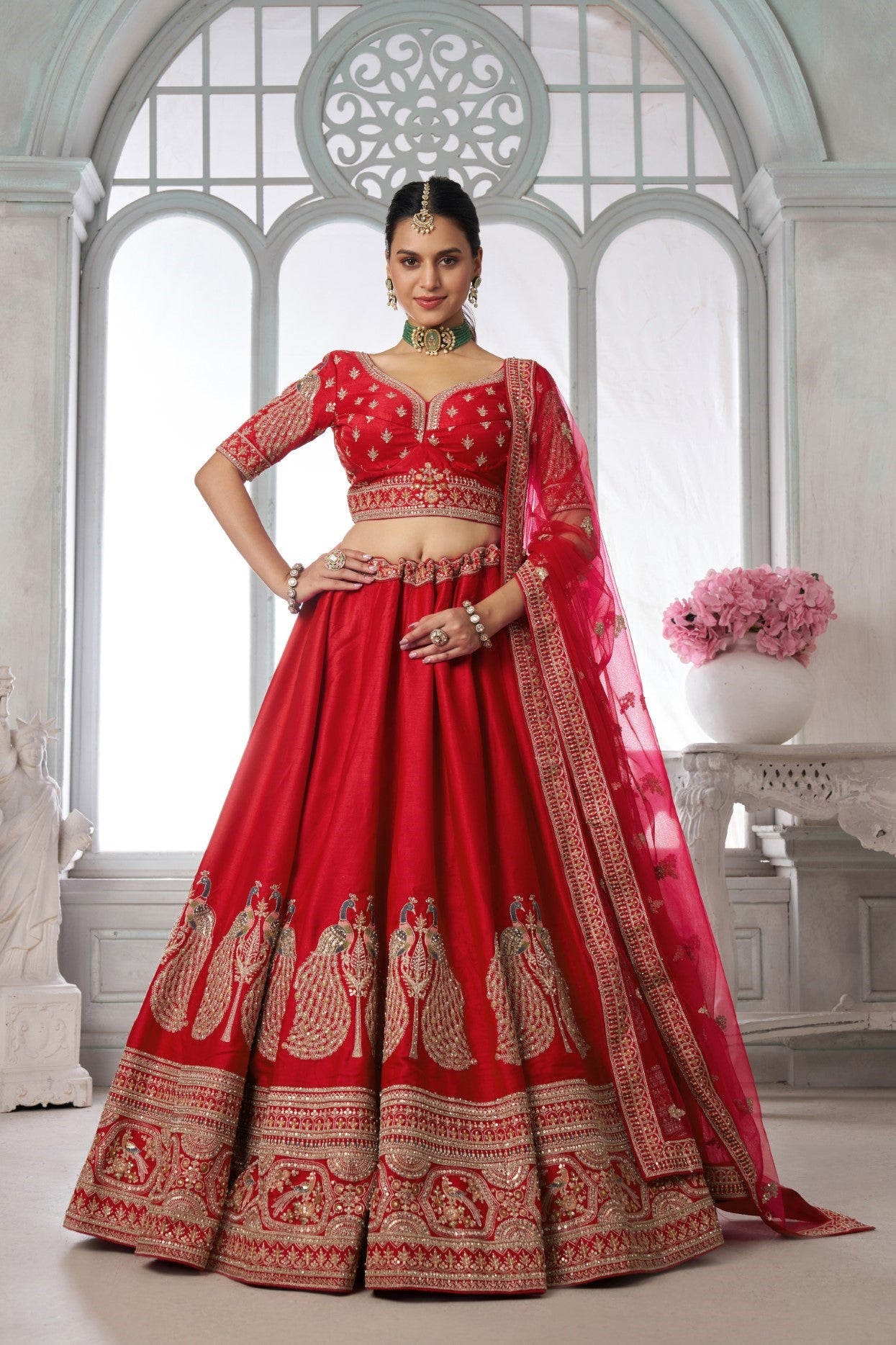 Premium Red Silk Peacock Embroidered Bridal Lehenga Set