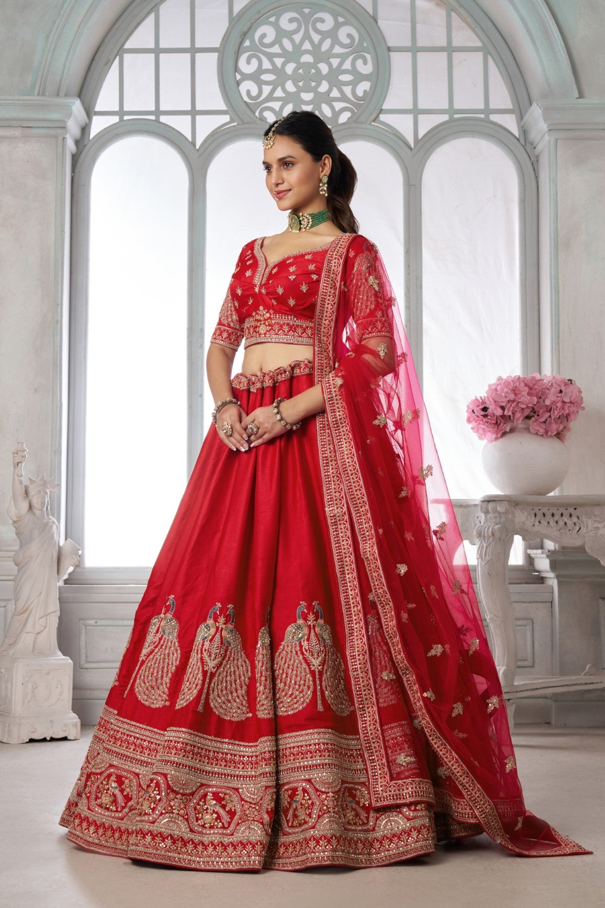 Premium Red Silk Peacock Embroidered Bridal Lehenga Set