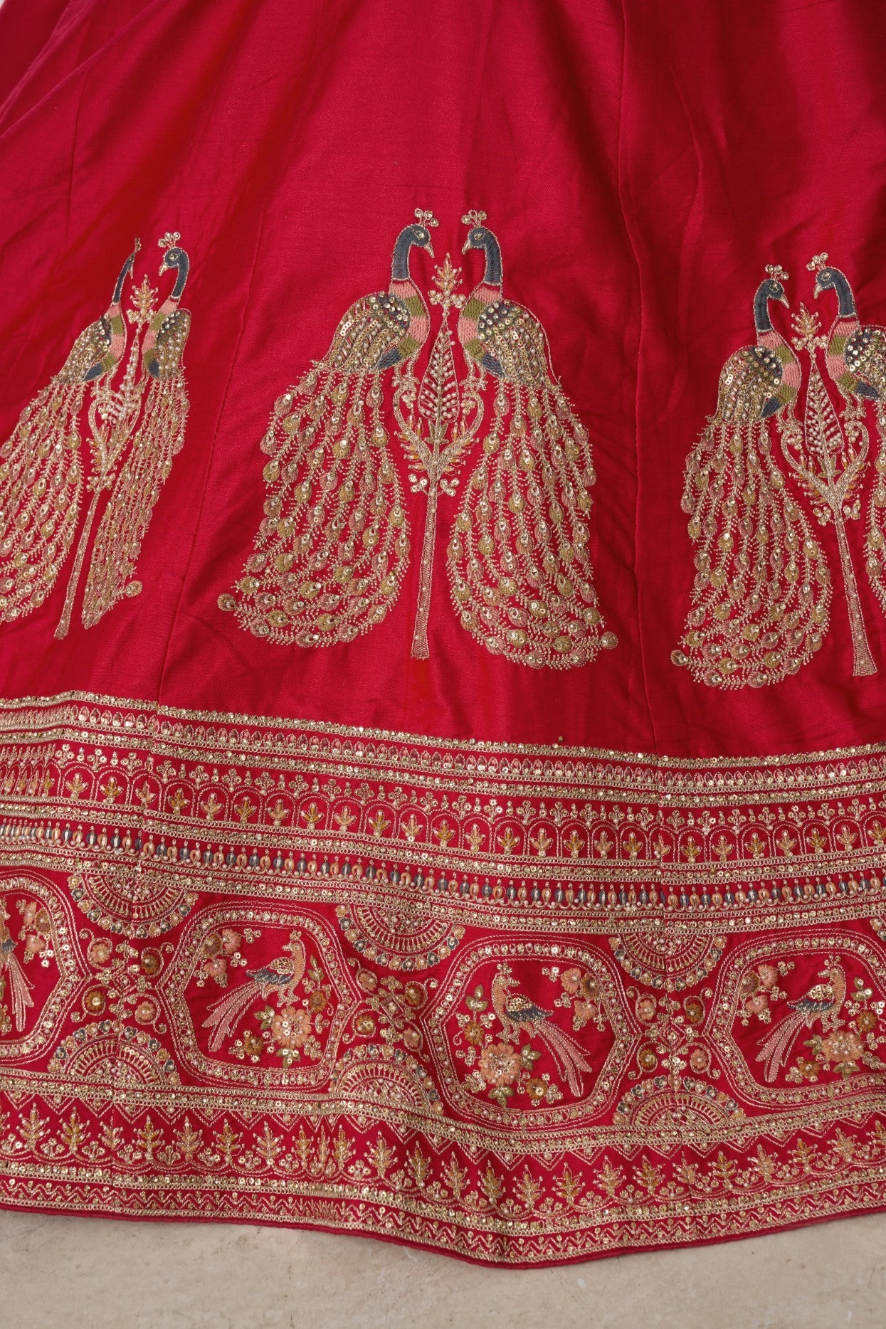 Premium Red Silk Peacock Embroidered Bridal Lehenga Set