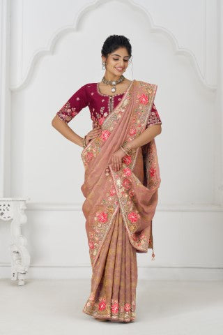 Pretty Peach: Multicolor Embroidery With Blooming Floral Designs