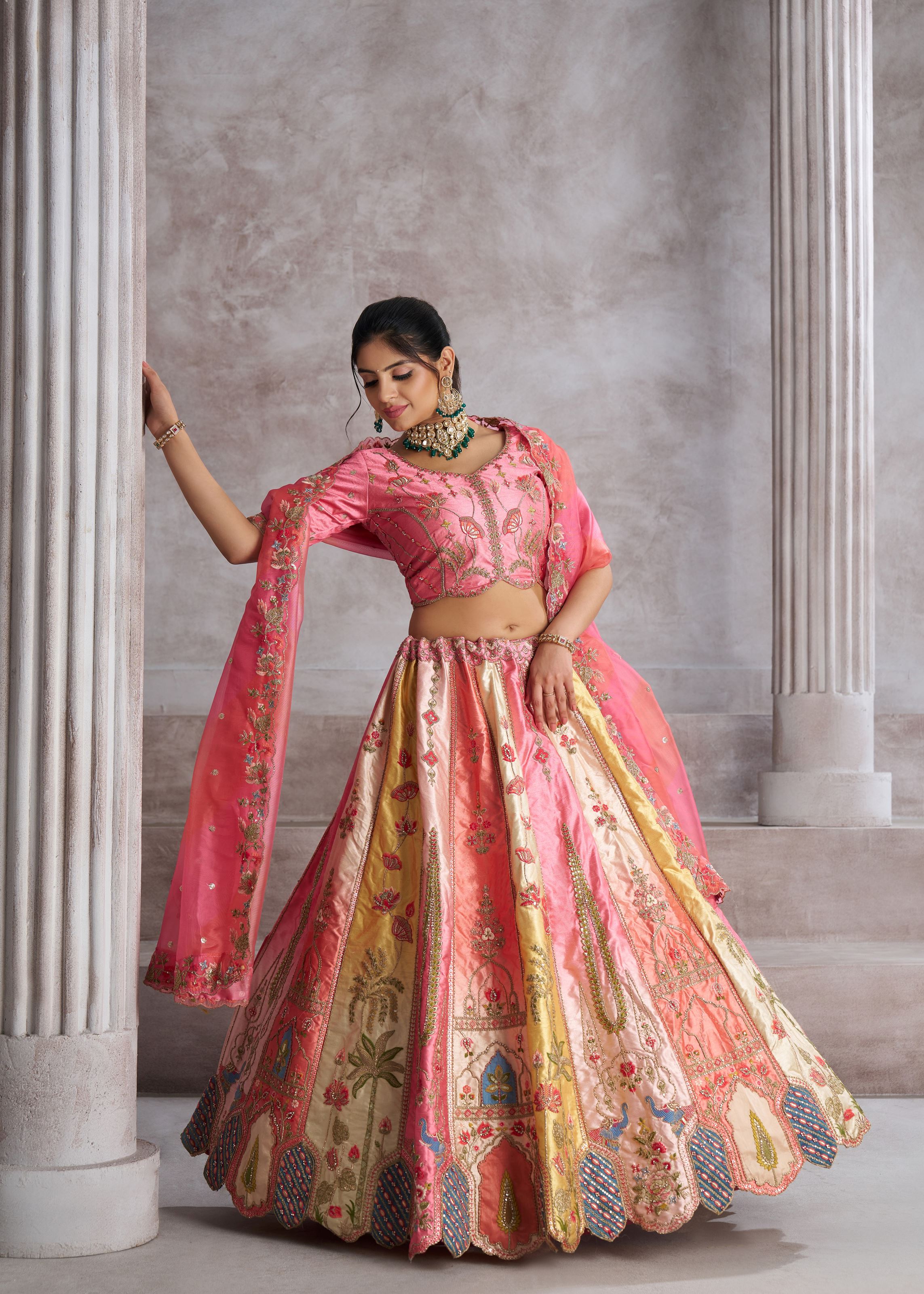 Pretty Pink Silk Intricate Paisley Motifs Traditional Embroidered  Wedding Lehenga