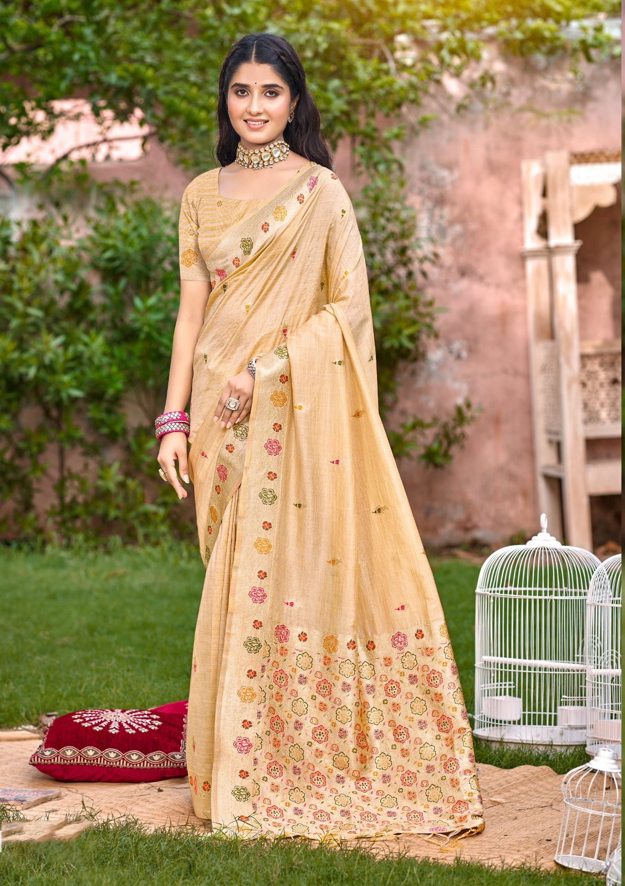 Pristine Cream Assam Silk Meenakari Festival Saree