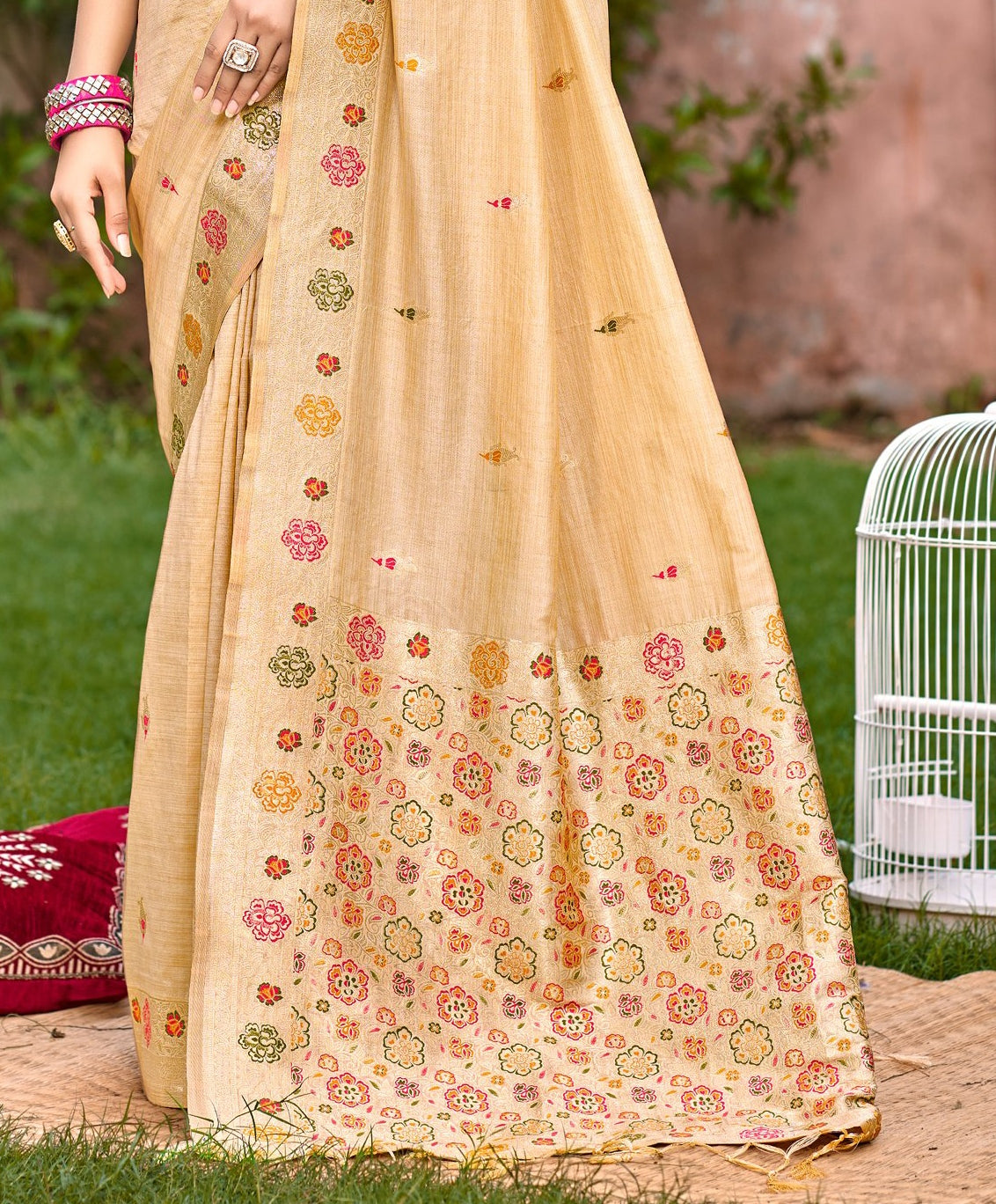 Pristine Cream Assam Silk Meenakari Festival Saree
