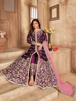 Purple Art Silk Thread Embroidery, Zari With Mirror Work  Anarkali Suits