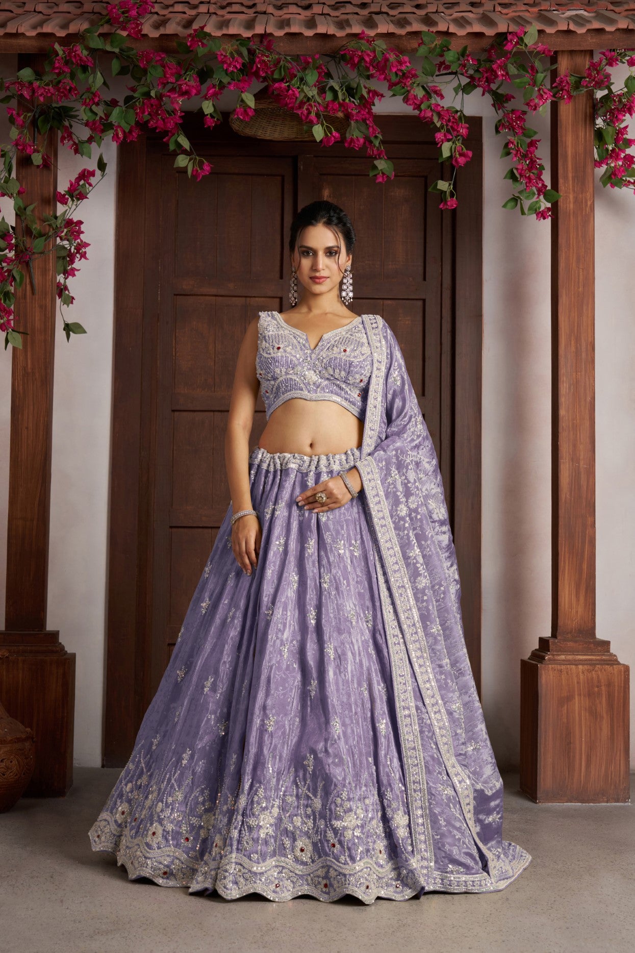 Purple Banarasi Jari Tissue Bead Embellished Wedding Lehenga Choli