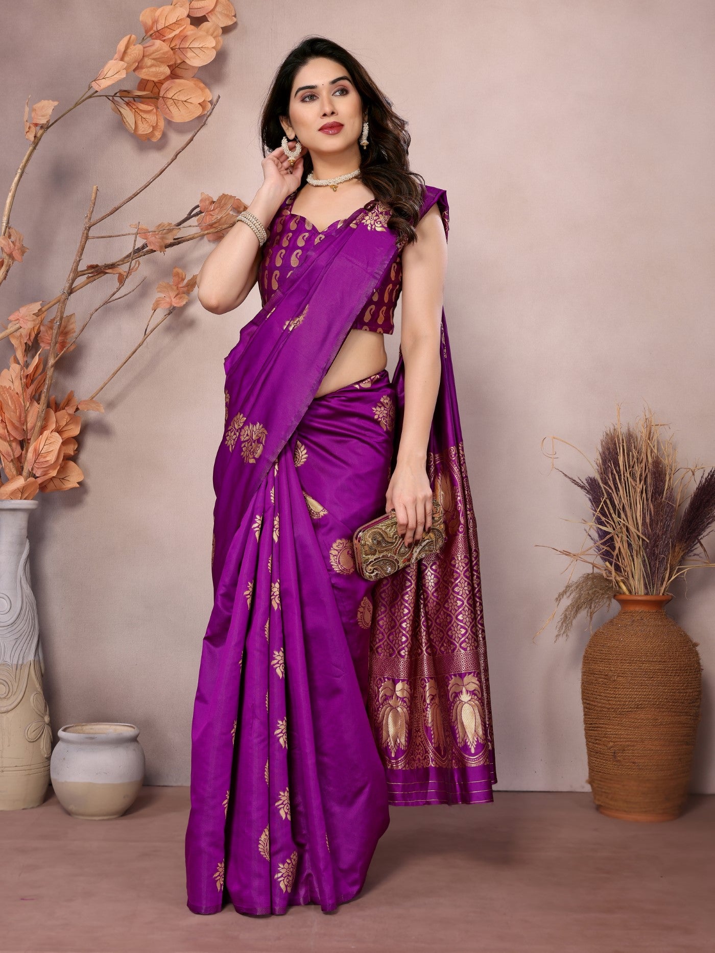 Purple Banarasi Silk Saree With Weaving