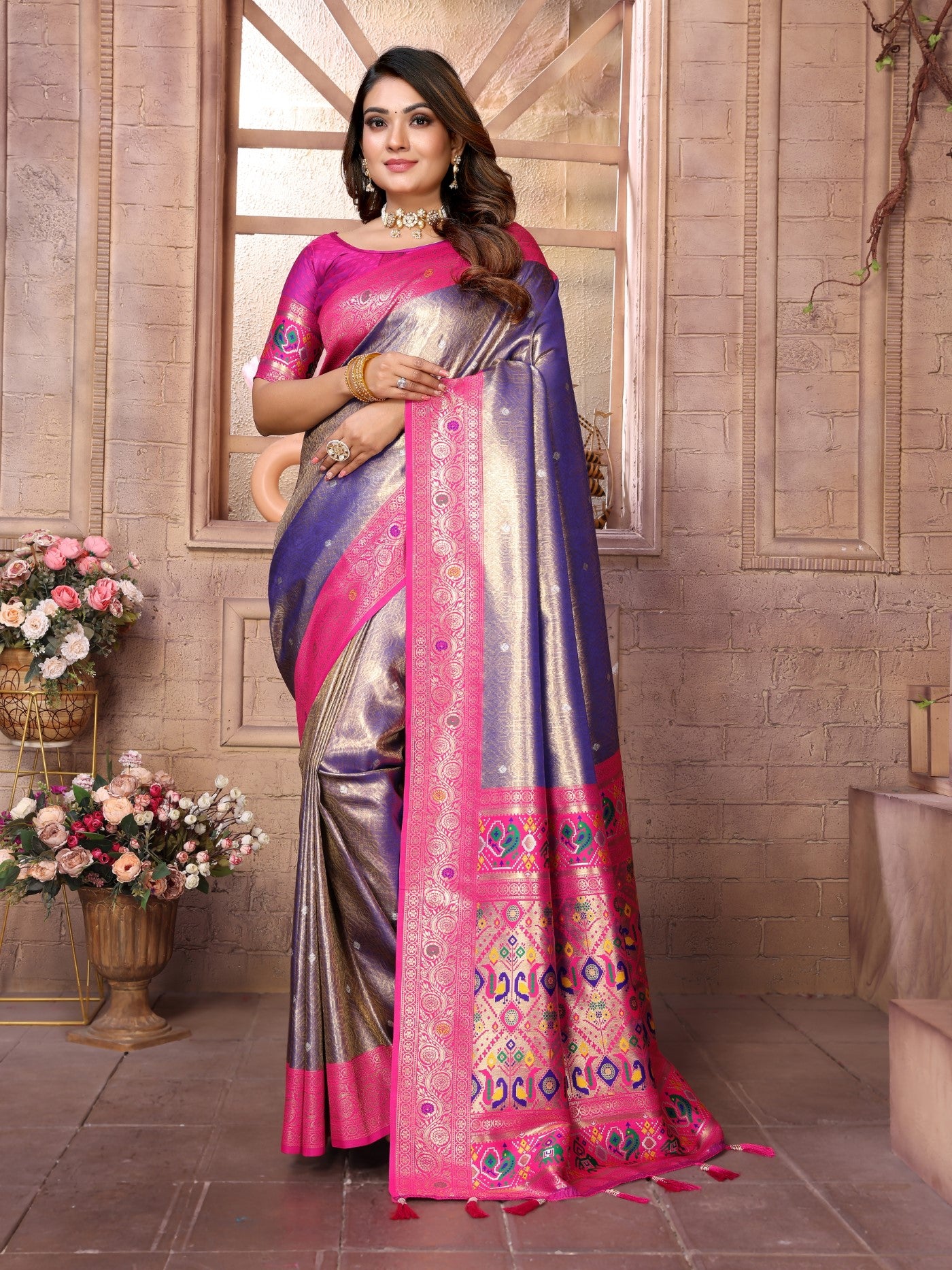 Purple Banarasi Tissue Silk Saree With Traditional Weaving
