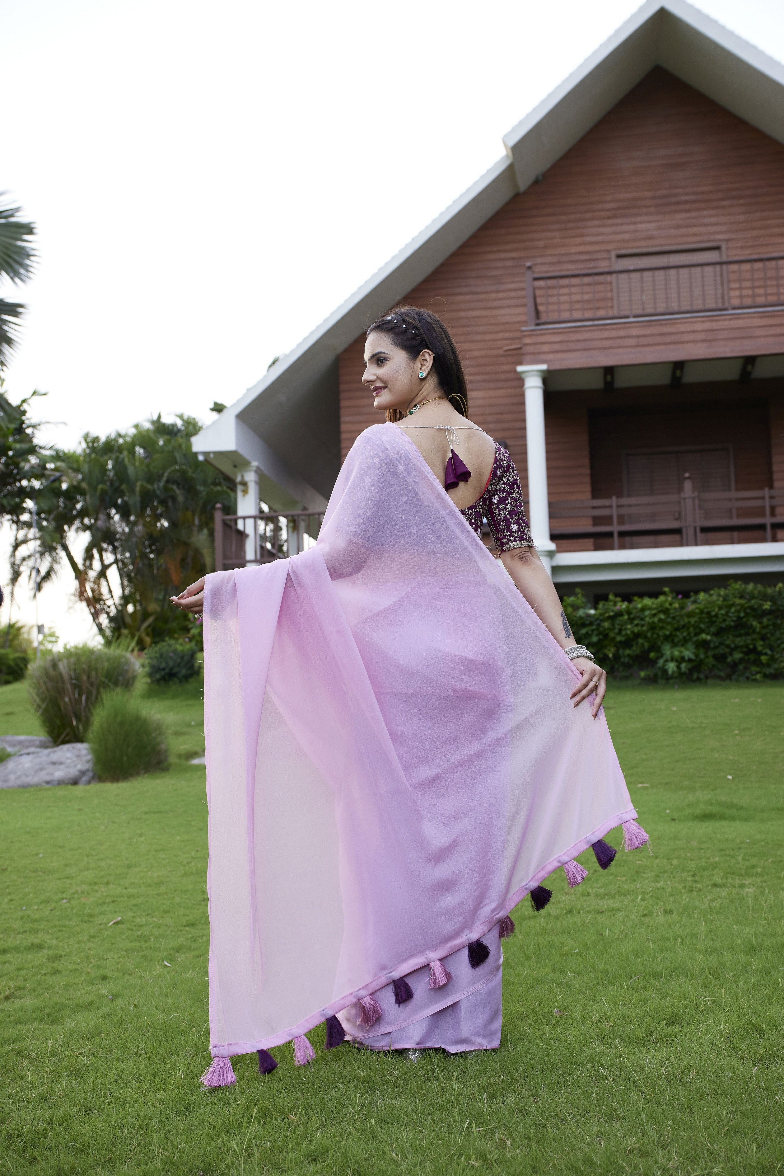 Purple Beautiful Fancy Saree With Embroidered Blouse