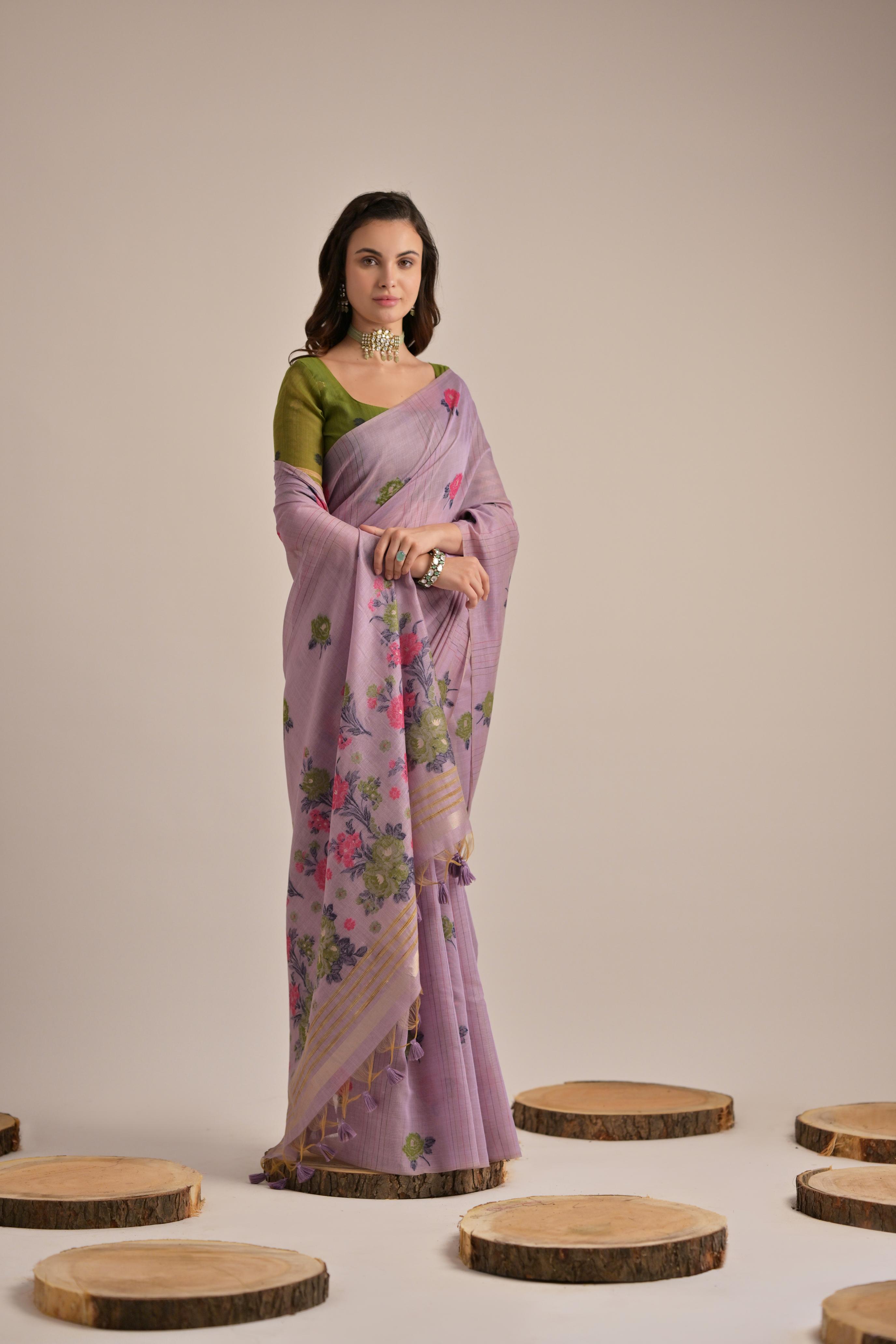 Purple Beautiful Girly Looks Multy Floral Weaving Designer Muga Cotton Saree