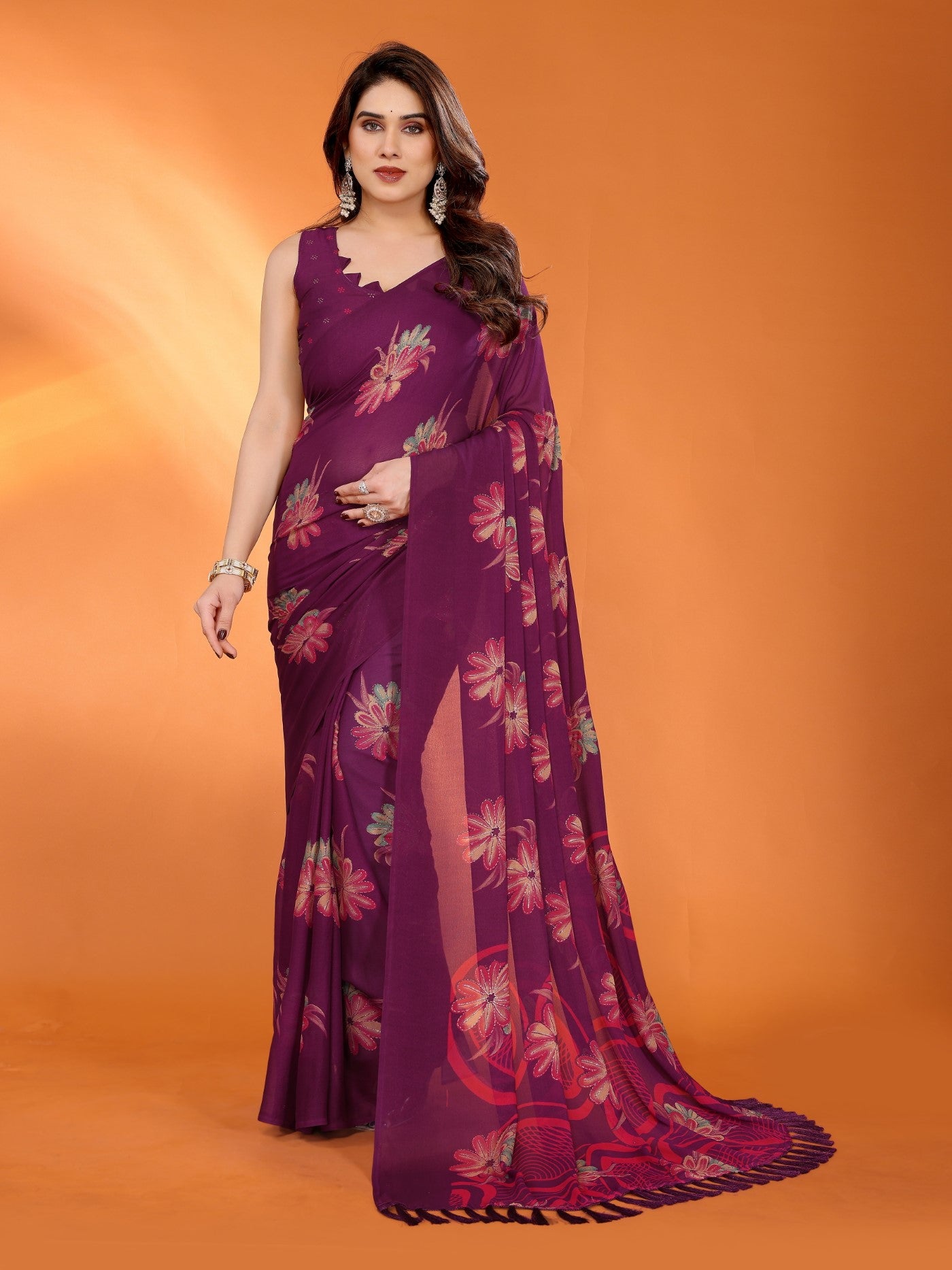 Purple Bright Moss Satin Patta Saree With Printed Design