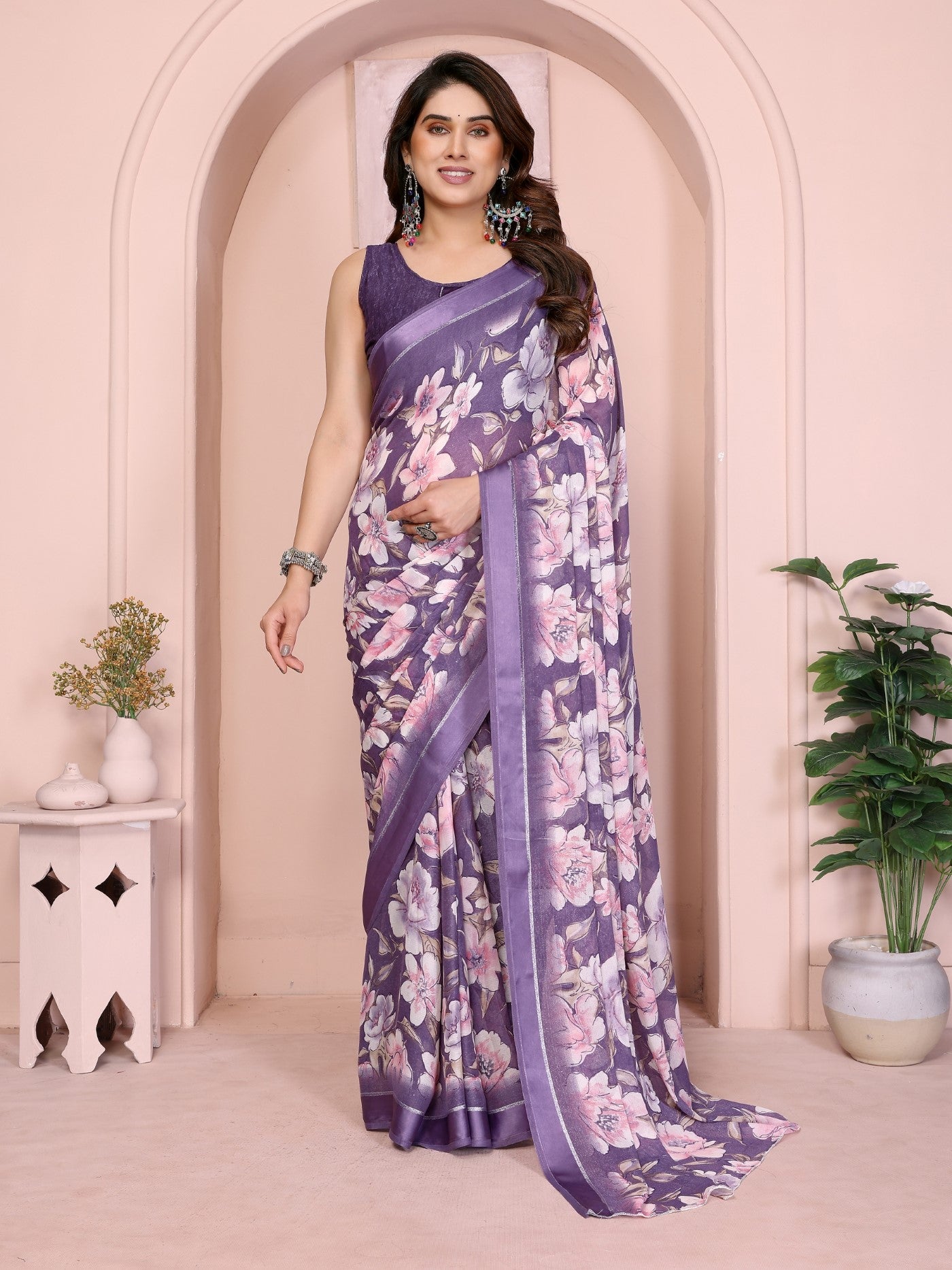 Purple Bright Moss Satin Patta Saree With Printed Design