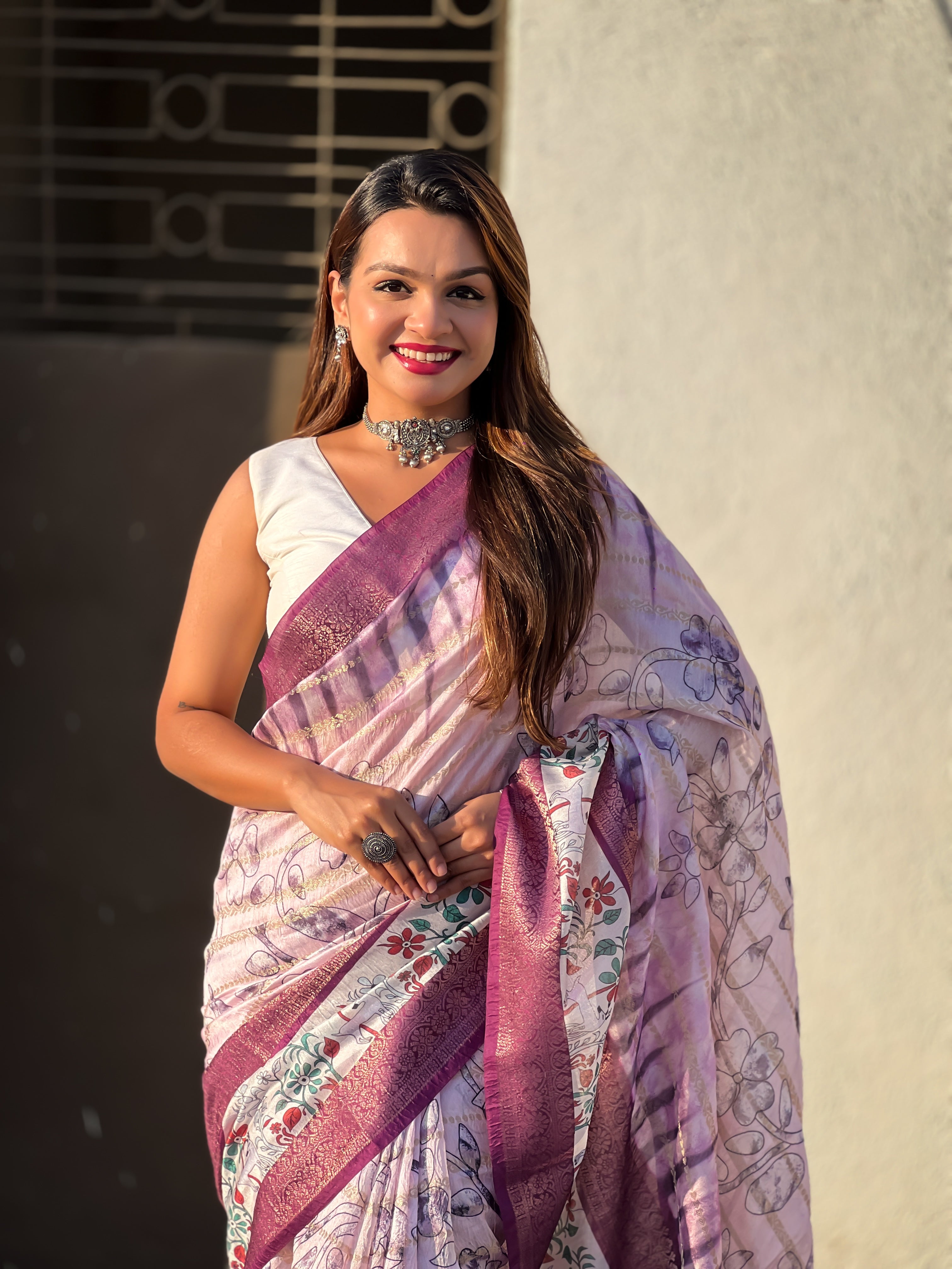 Purple Chanderi Crush Printed With Woven Jari Designer Elegant Sophisticated Saree