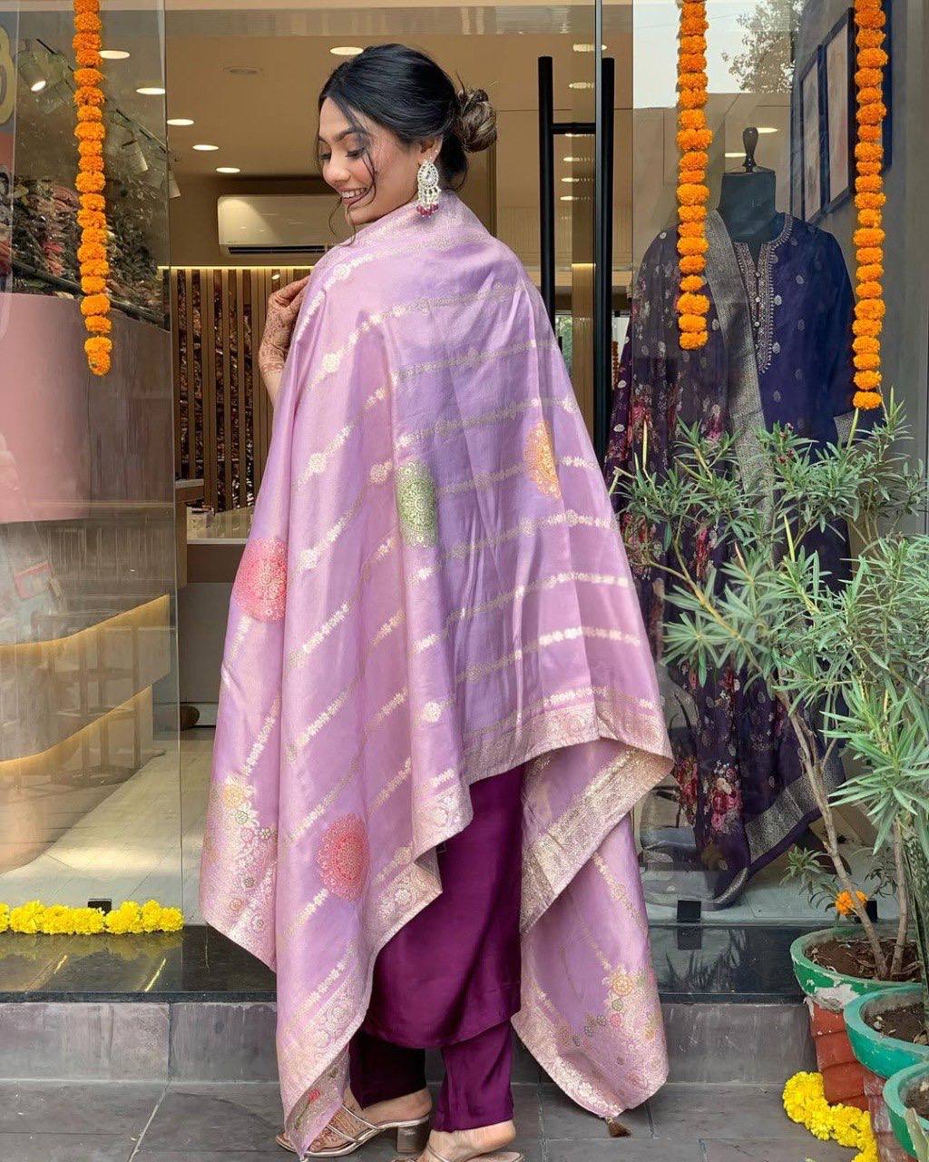 Purple Chanderi Kurta Pant Set With Heavy Thread Embroidery Work With Jacquard Dupatta