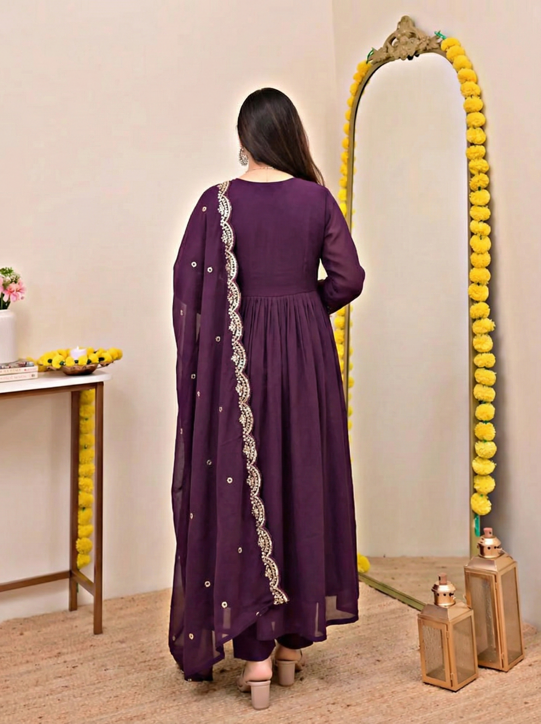 Purple Chanderi Silk Kurta Pant Set With Heavy Thread Embroidery Work