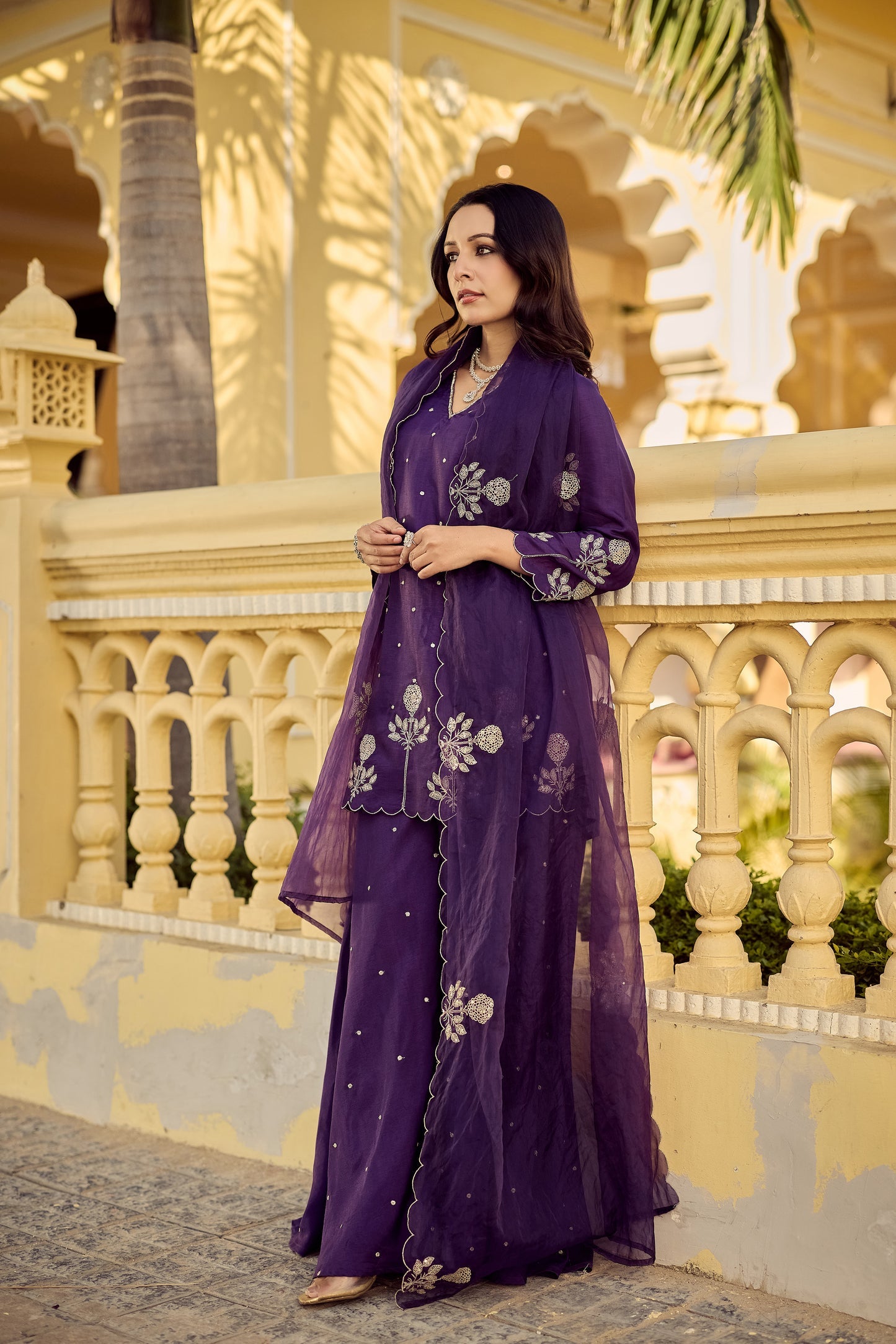 Purple Chanderi Silk Kurta With Palazzo Set With Heavy Thread Embroidery Work