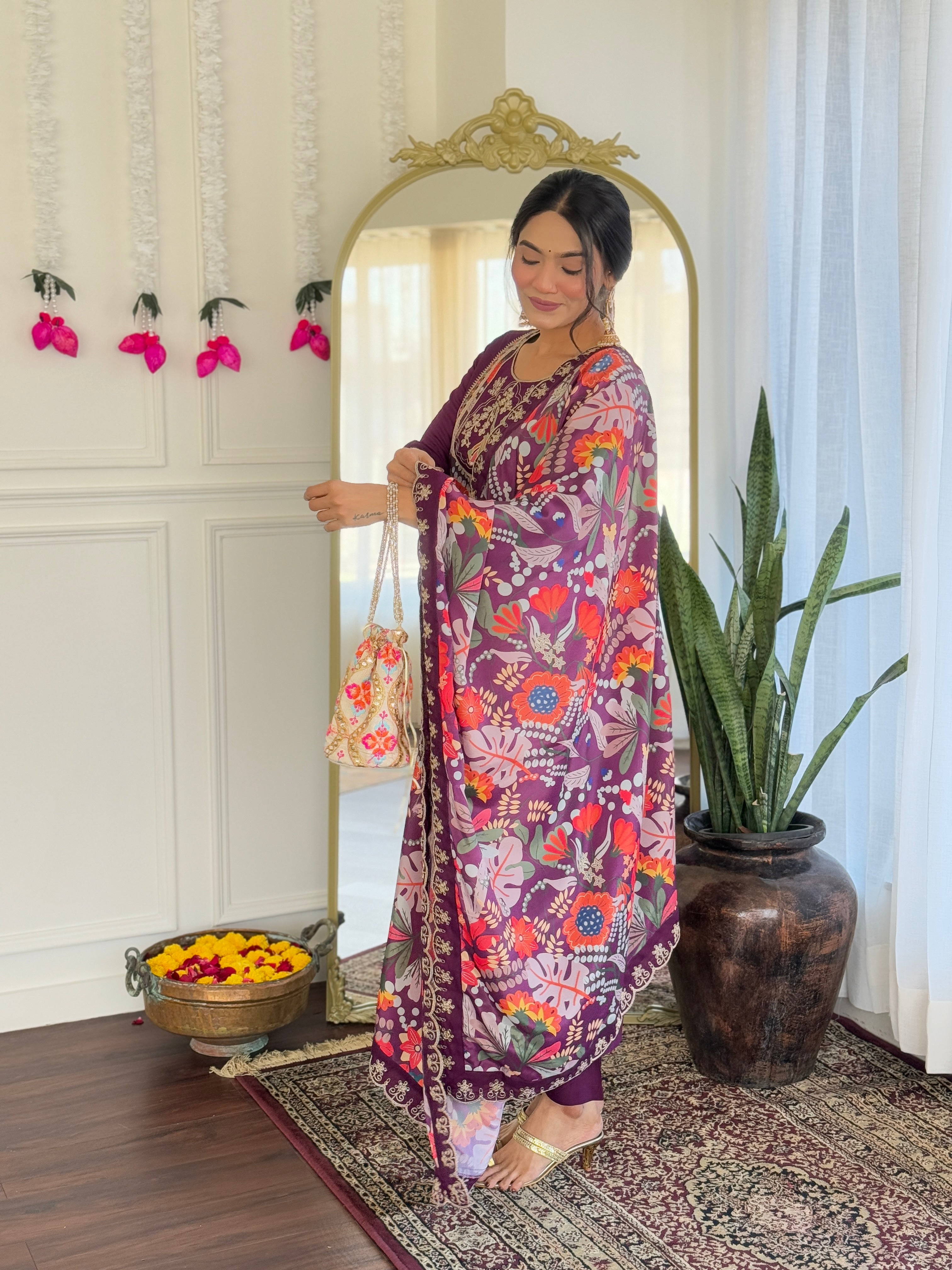 Purple Chanderi Viscose Elegant Kurta Pant Set With Embroidery Work