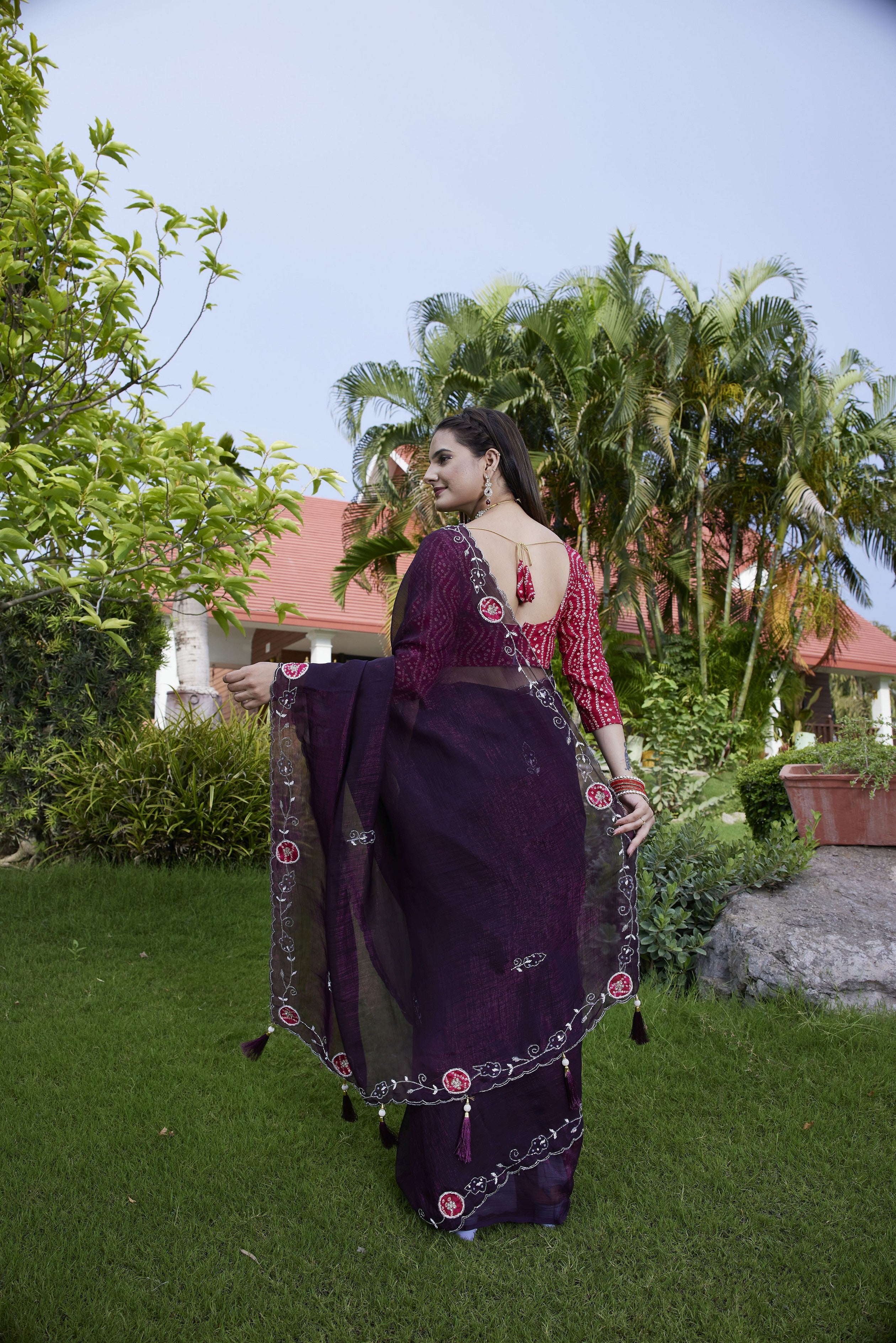 Purple Chiffon Beautiful Heavy Traditonal Rich Festive Saree