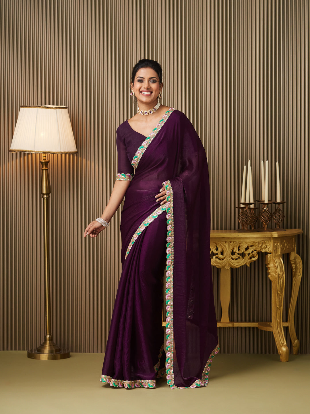 Purple Chiffon Embellished Designer Ceremonial Saree