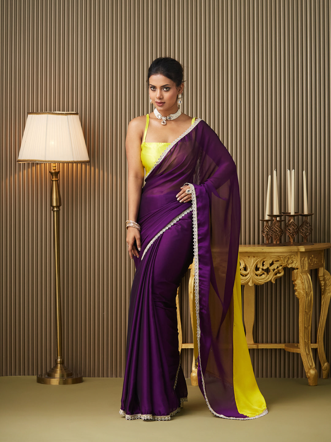 Purple Chiffon Mirrorwork Blocked Work Ceremonial Saree